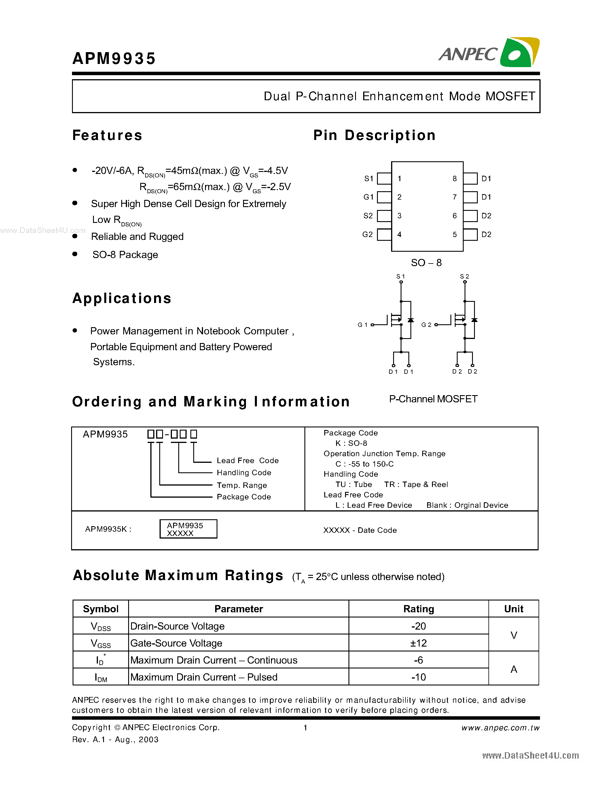 Даташит APM9935 - Dual P-Channel Enhancement Mode MOSFET страница 1