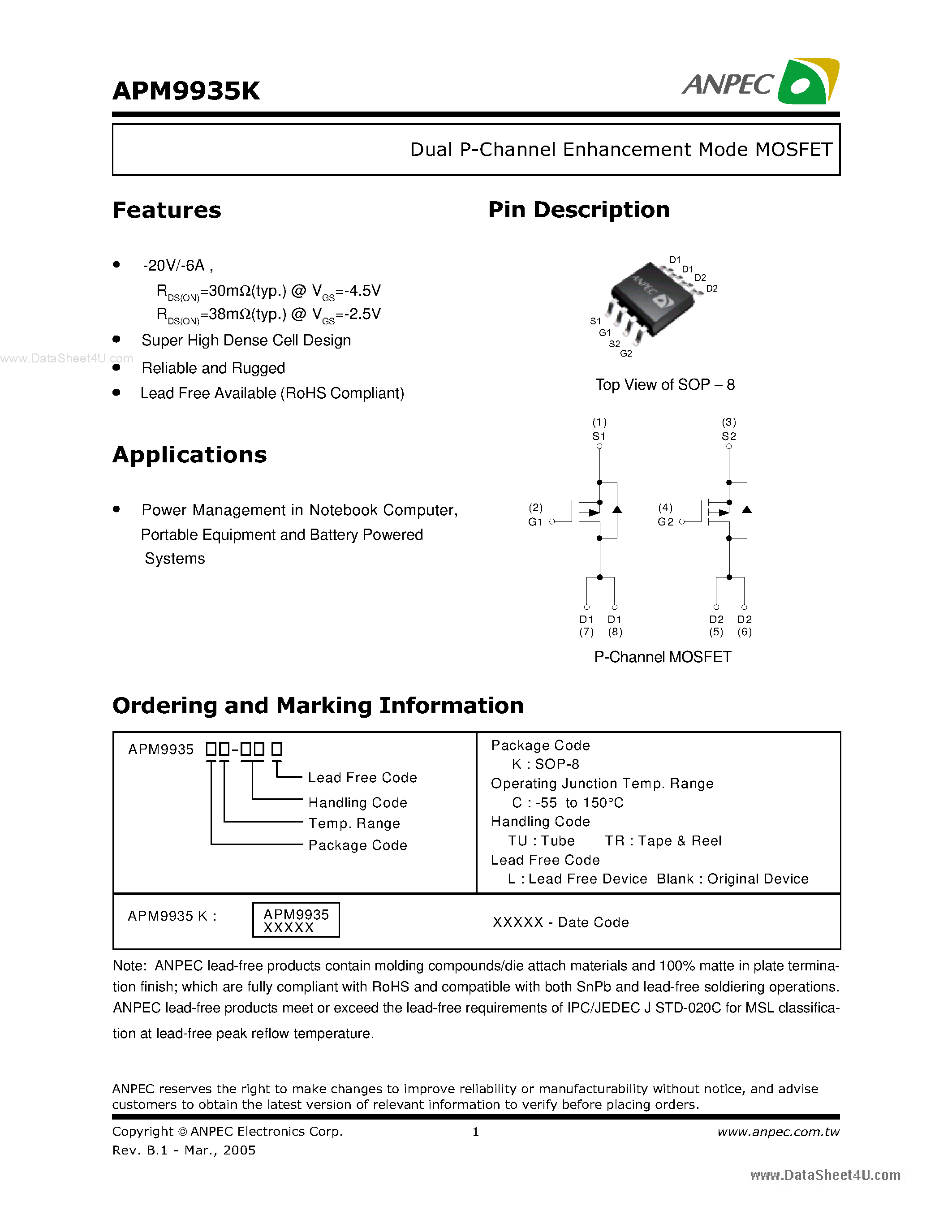 Даташит APM9935K - Dual P-Channel Enhancement Mode MOSFET страница 1