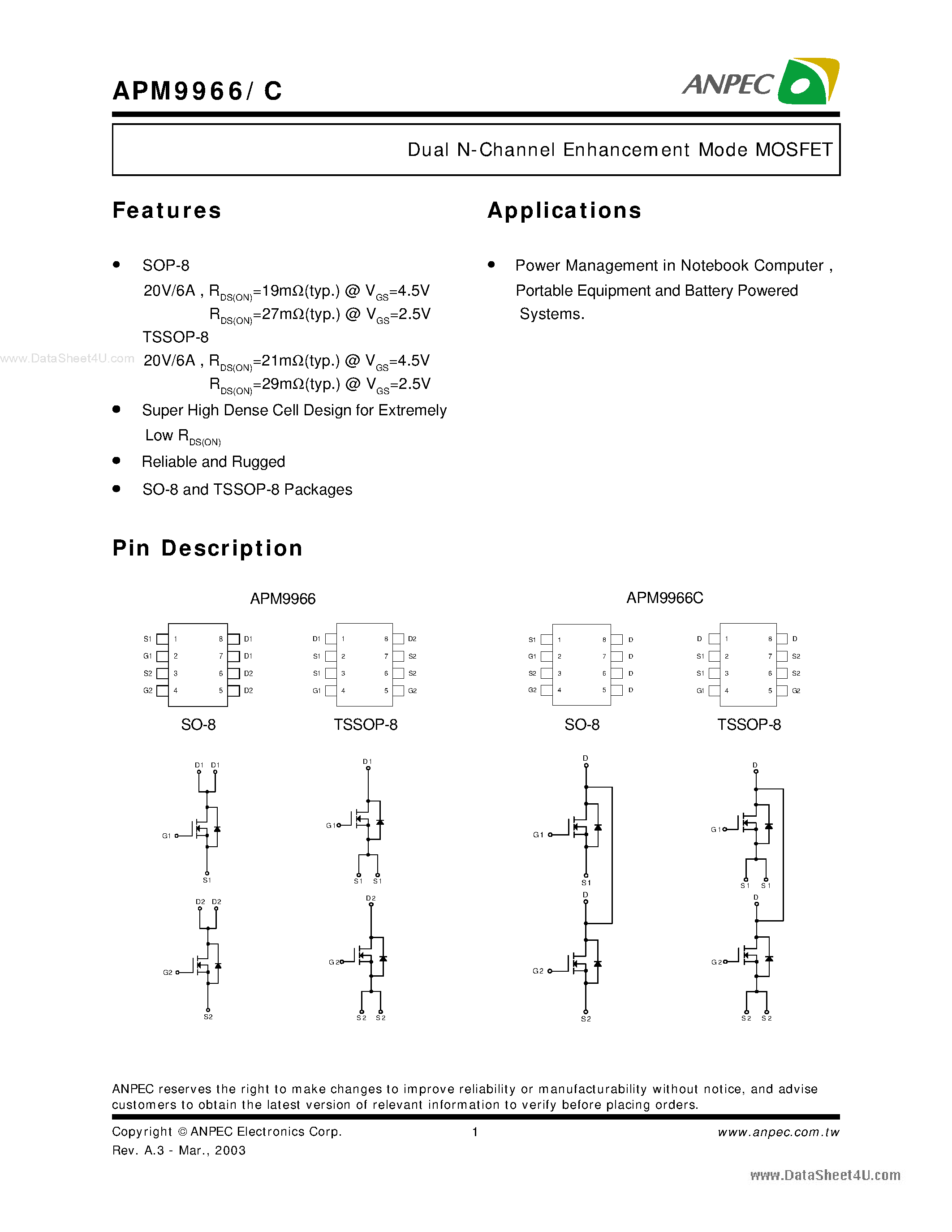 Datasheet APM9966 - Dual N-Channel Enhancement Mode MOSFET page 1