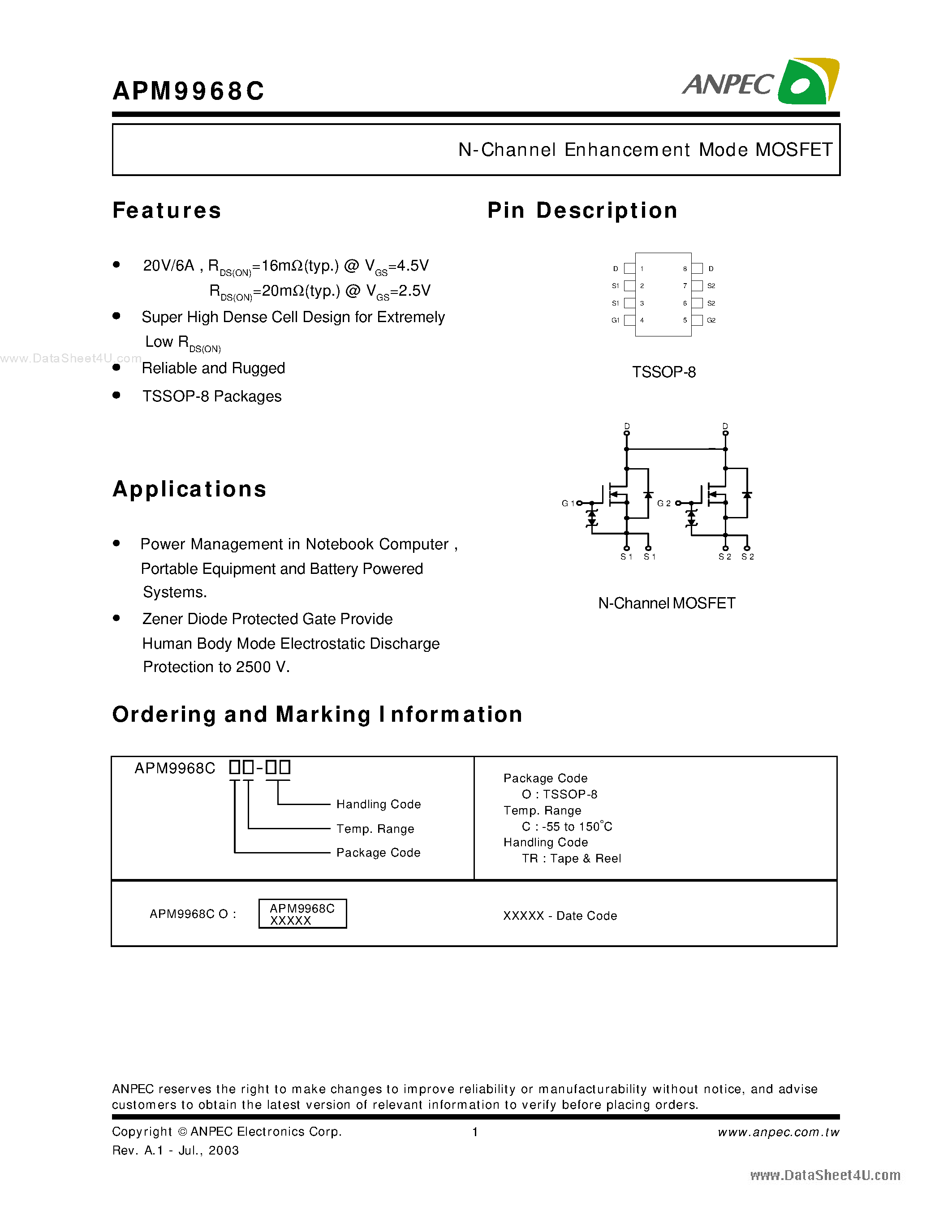 Datasheet APM9968C - N-Channel Enhancement Mode MOSFET page 1