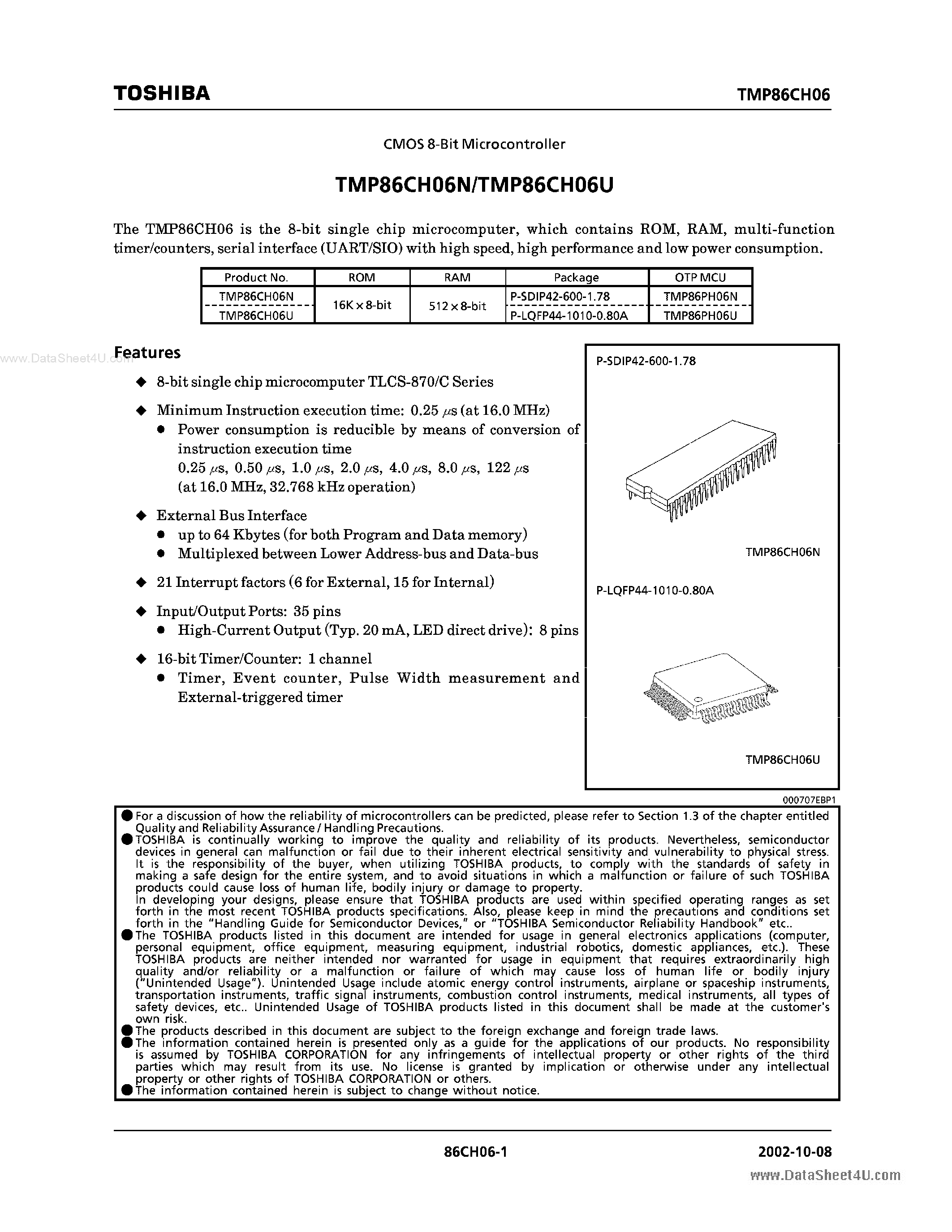 Даташит TMP86CH06N - CMOS 8-BIT MICROCONTROLLER страница 1