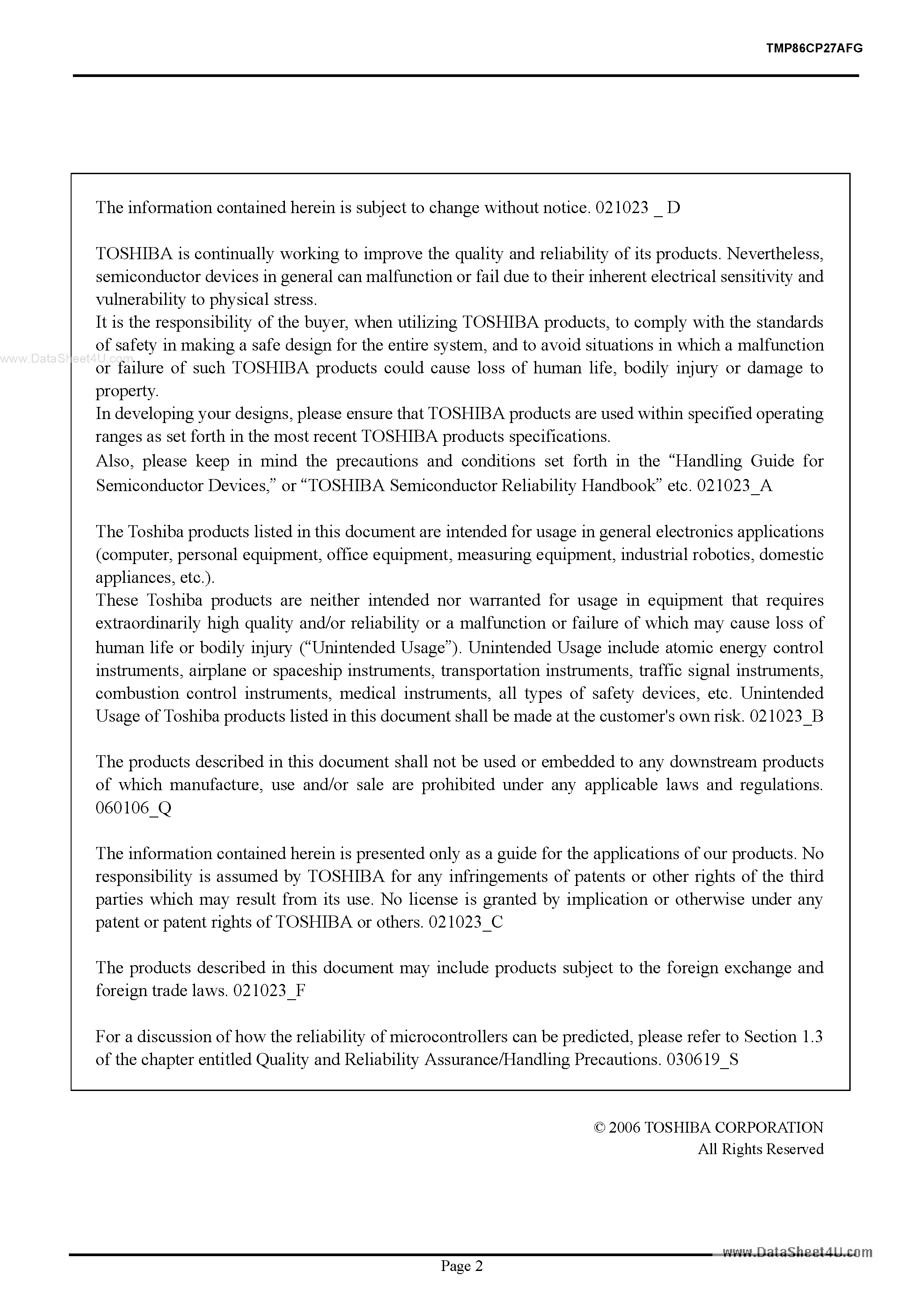 Datasheet TMP86CP27AFG - 8 Bit Microcontroller page 2