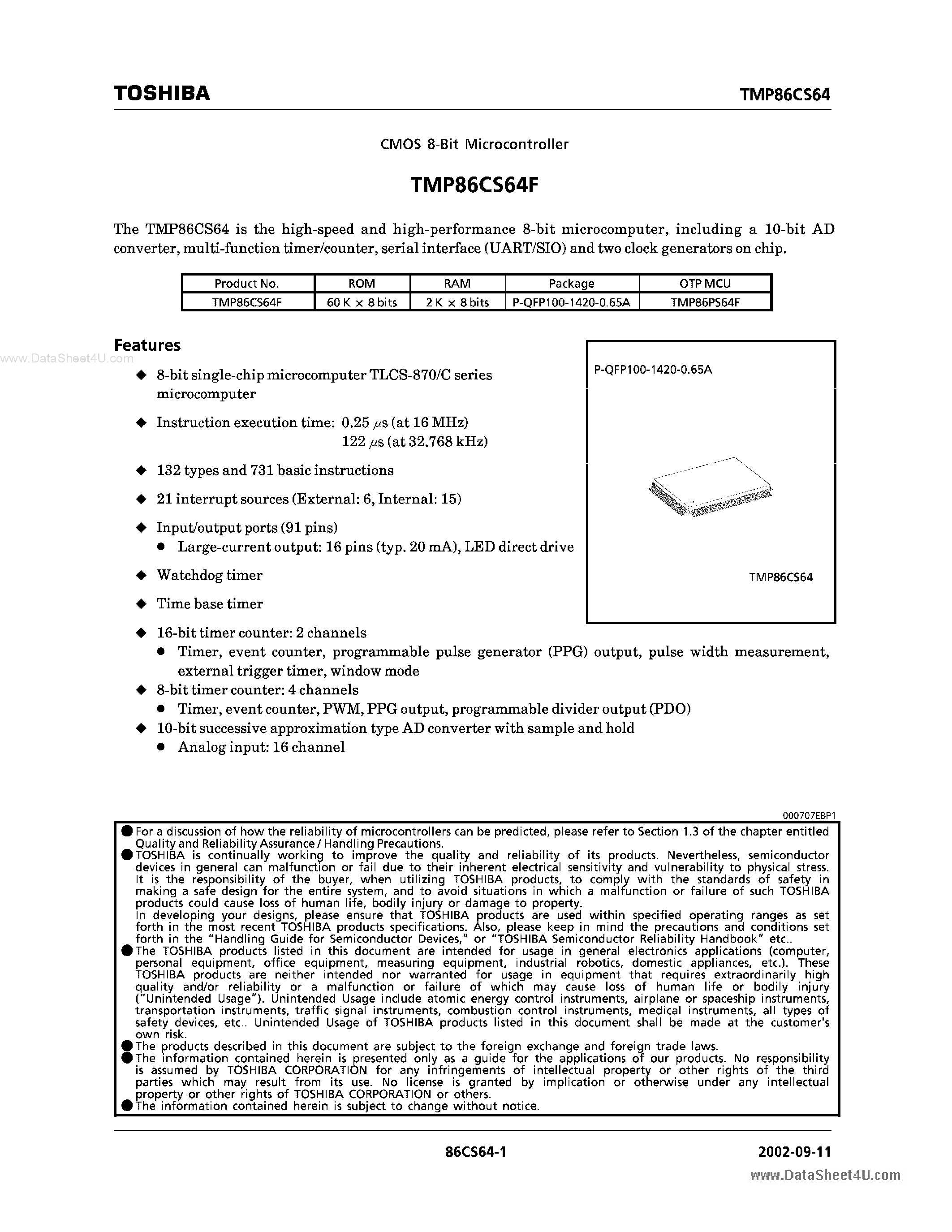 Datasheet TMP86CS64F - 8 Bit Microcontroller page 1