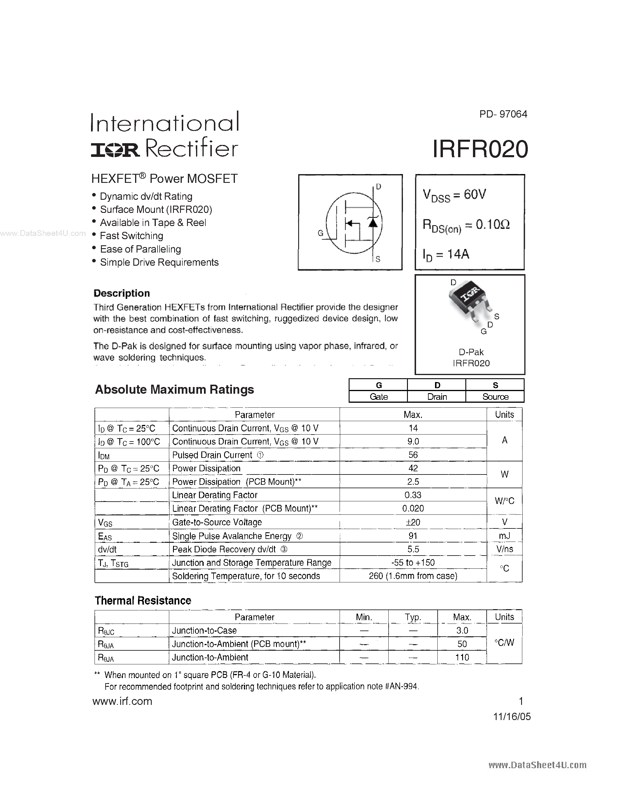 Datasheet IRFR020 - HEXFETR Power MOSFET page 1