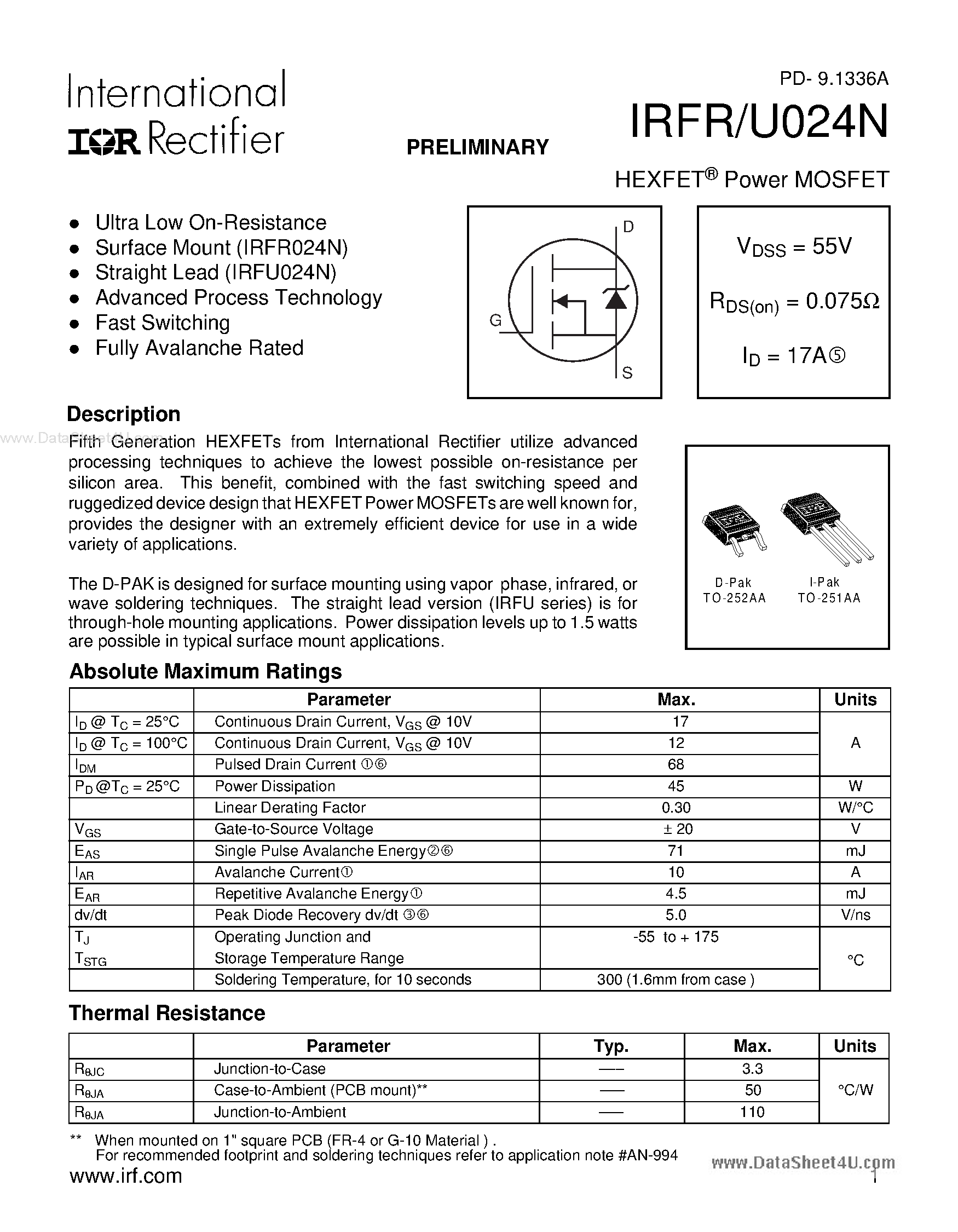 Datasheet IRFU024N - Power MOSFET page 1
