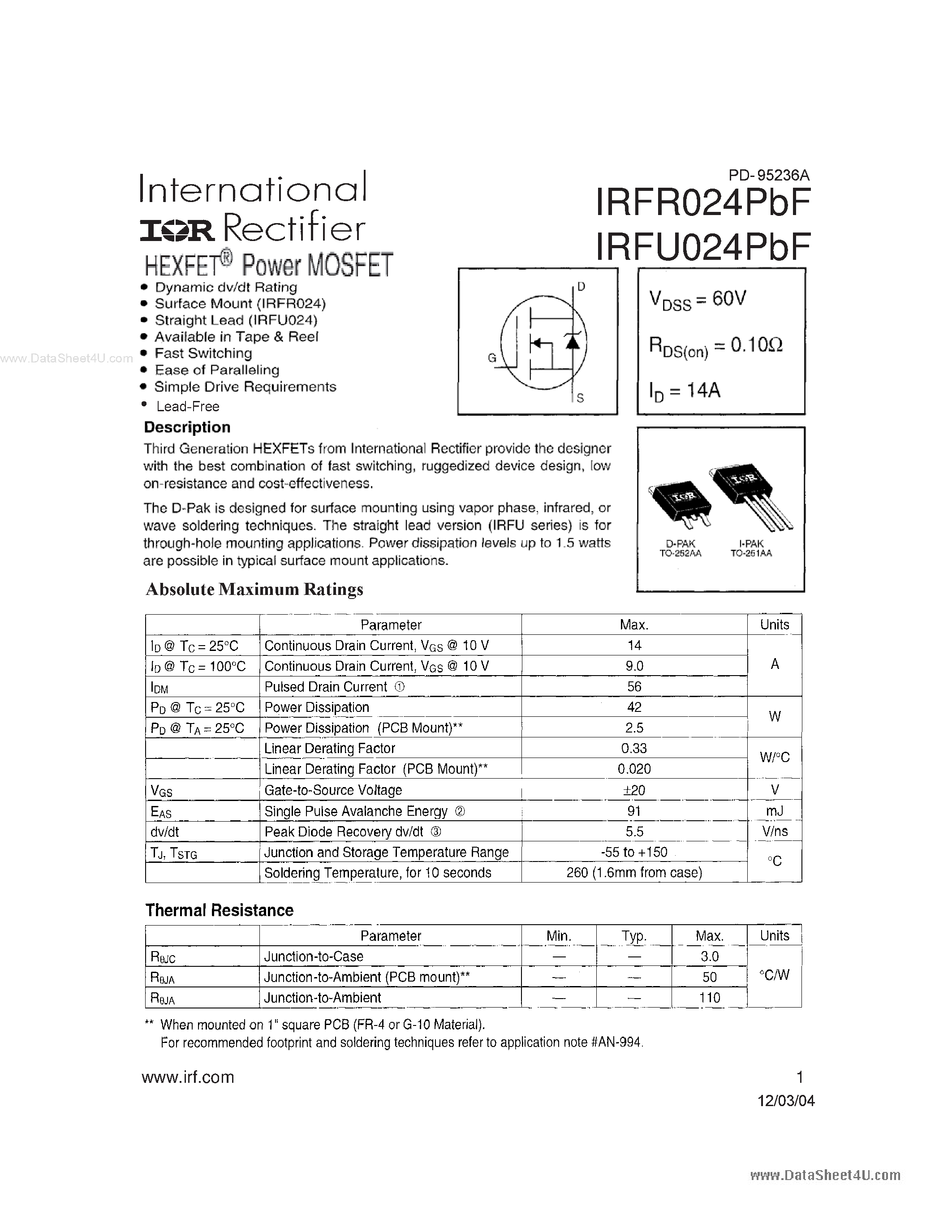 Datasheet IRFR024PBF - HEXFET Power MOSFET page 1