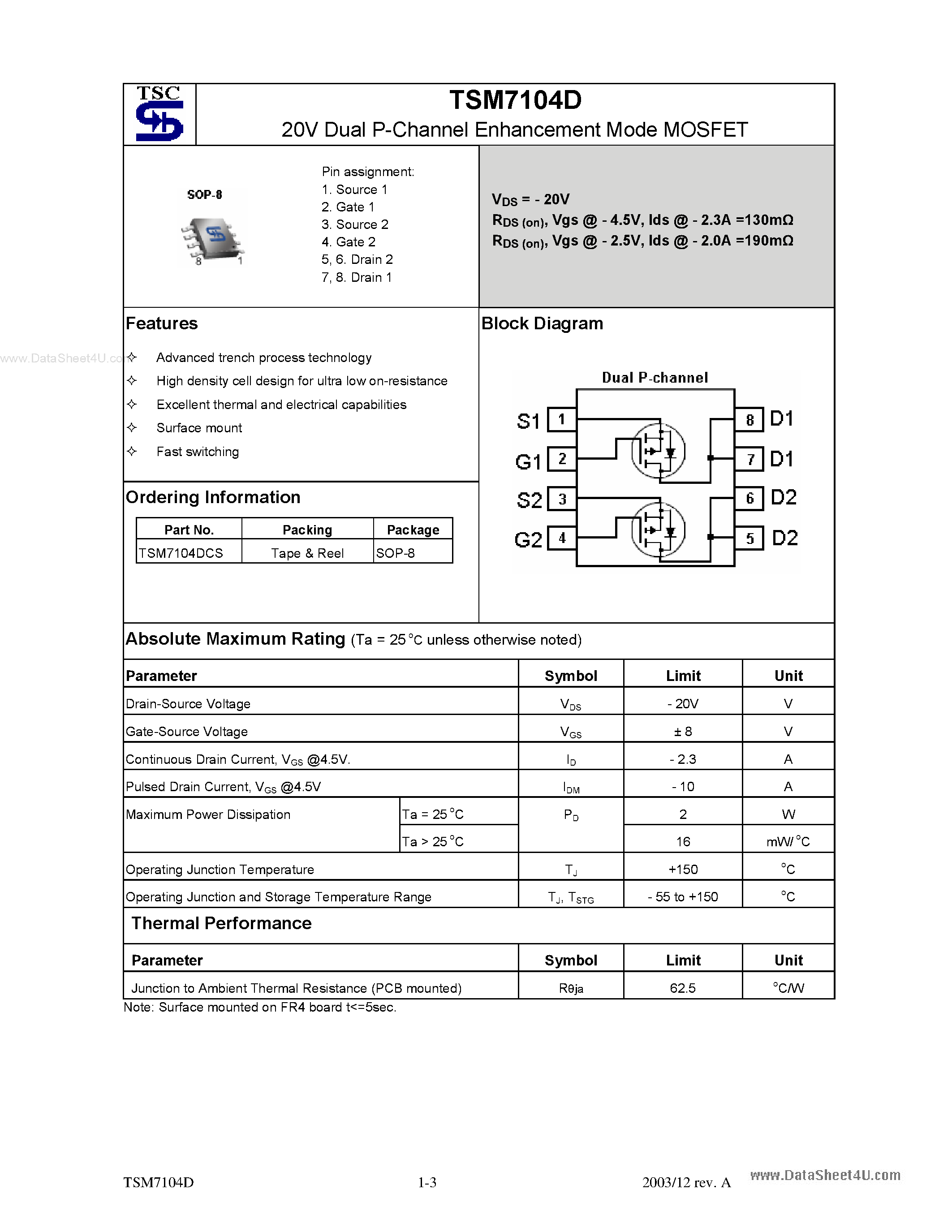 Datasheet TSM7104D - 20V Dual P-Channel Enhancement Mode MOSFET page 1