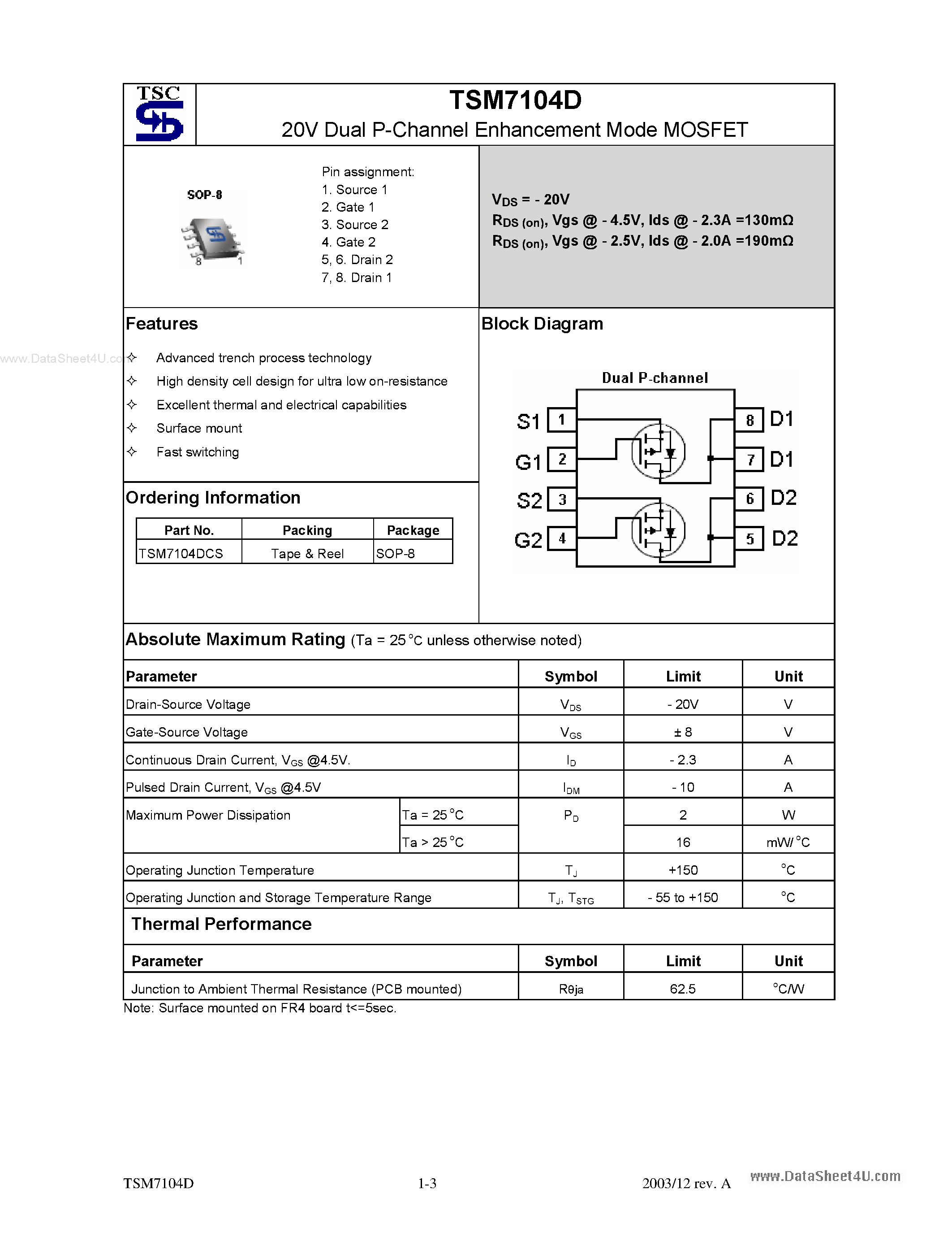 Даташит TSM7104D - 20V Dual P-Channel Enhancement Mode MOSFET страница 1