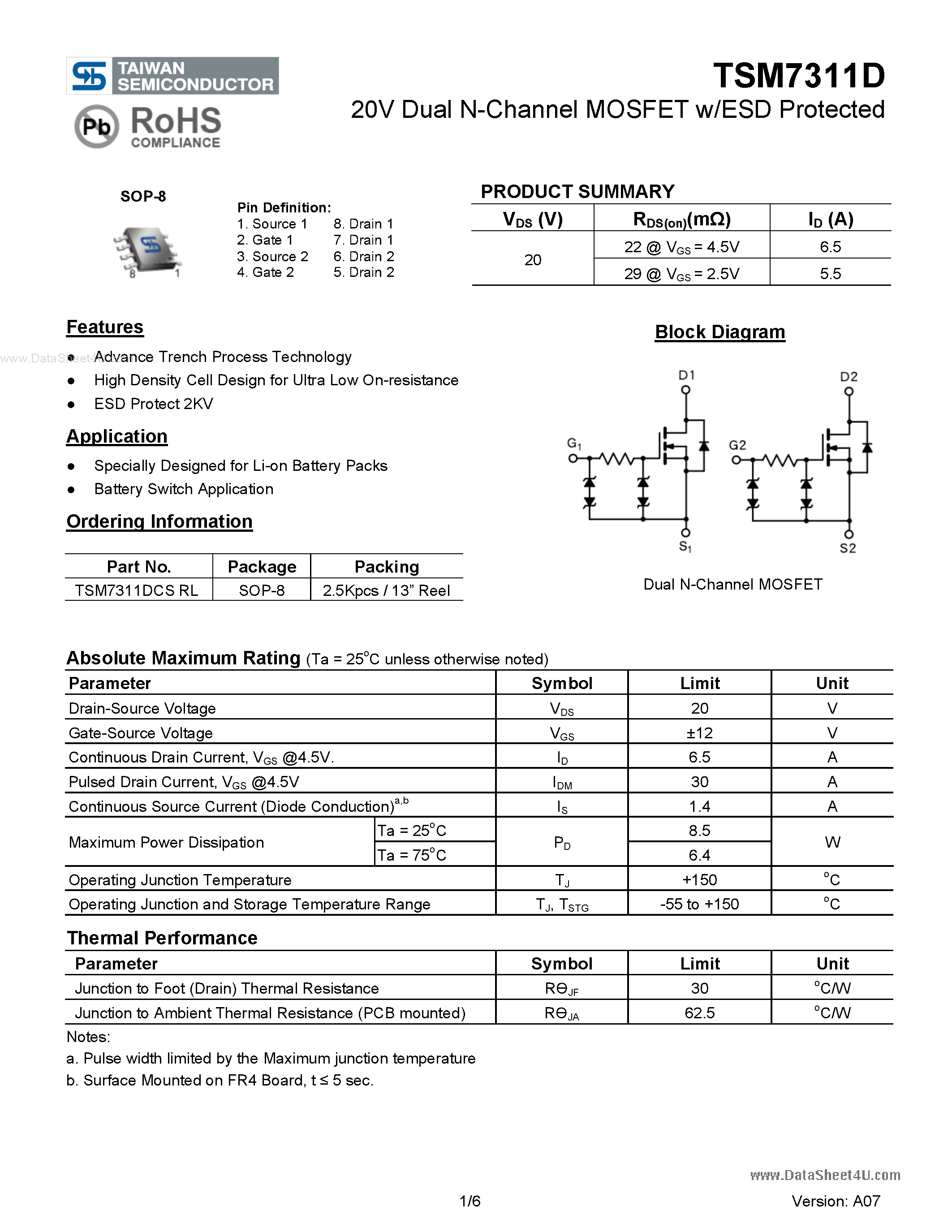 Datasheet TSM7311D - 20V Dual N-Channel MOSFET w/ESD Protected page 1