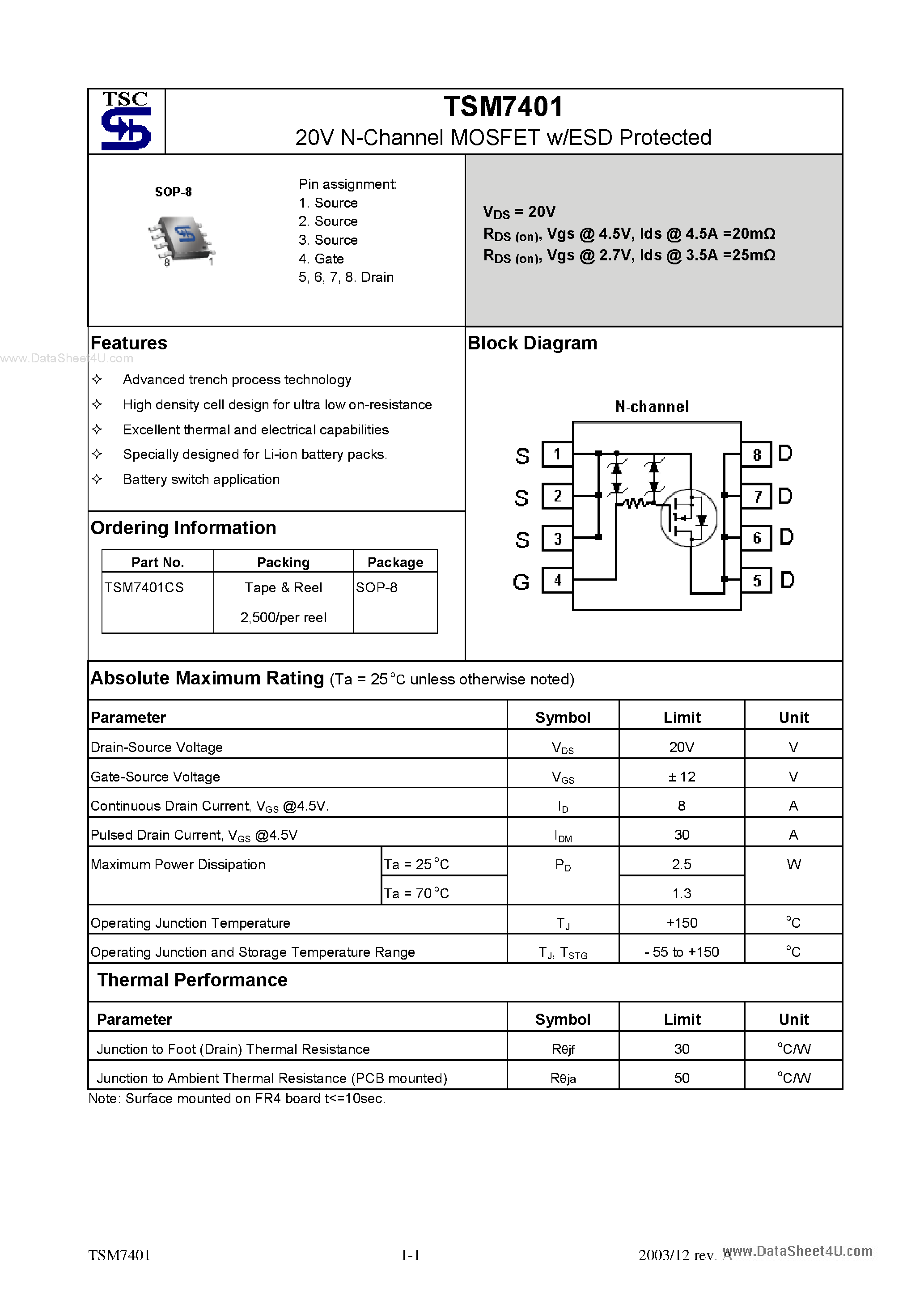 Datasheet TSM7401 - 20V N-Channel MOSFET w/ESD Protected page 1
