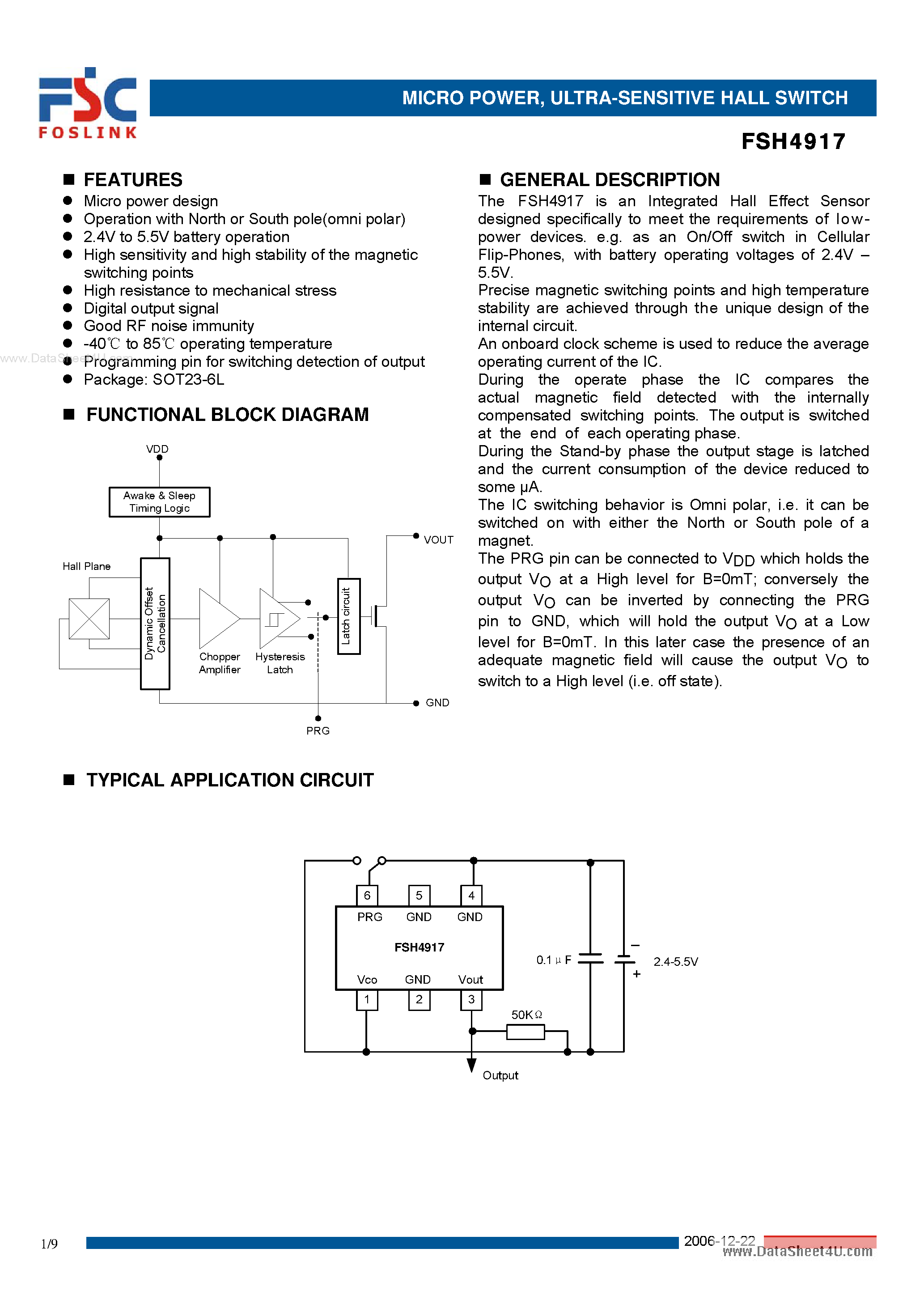 Даташит FSH4917 - ULTRA-SENSITIVE HALL SWITCH страница 1