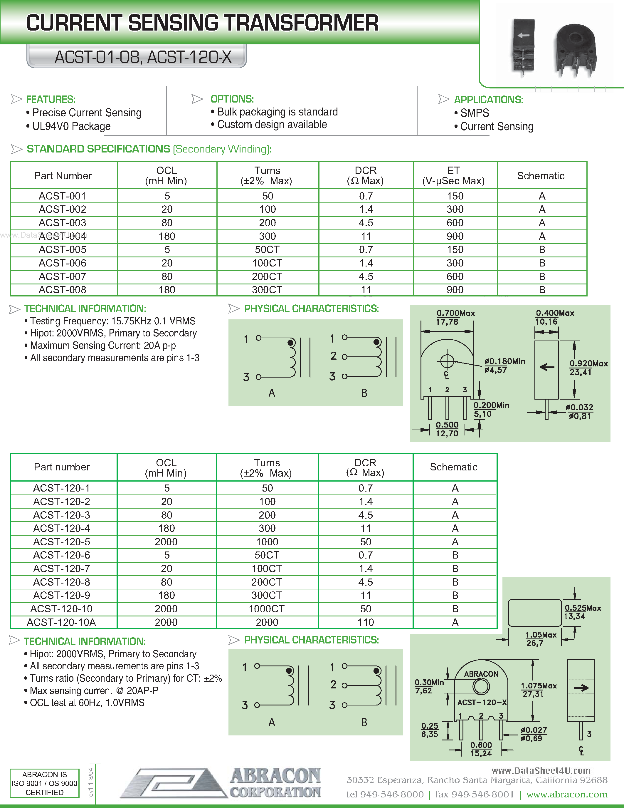 Datasheet ACST-01-08 page 1 Datasheet ACST-01-08 - CURRENT SENSING TRANSFORMER page 1