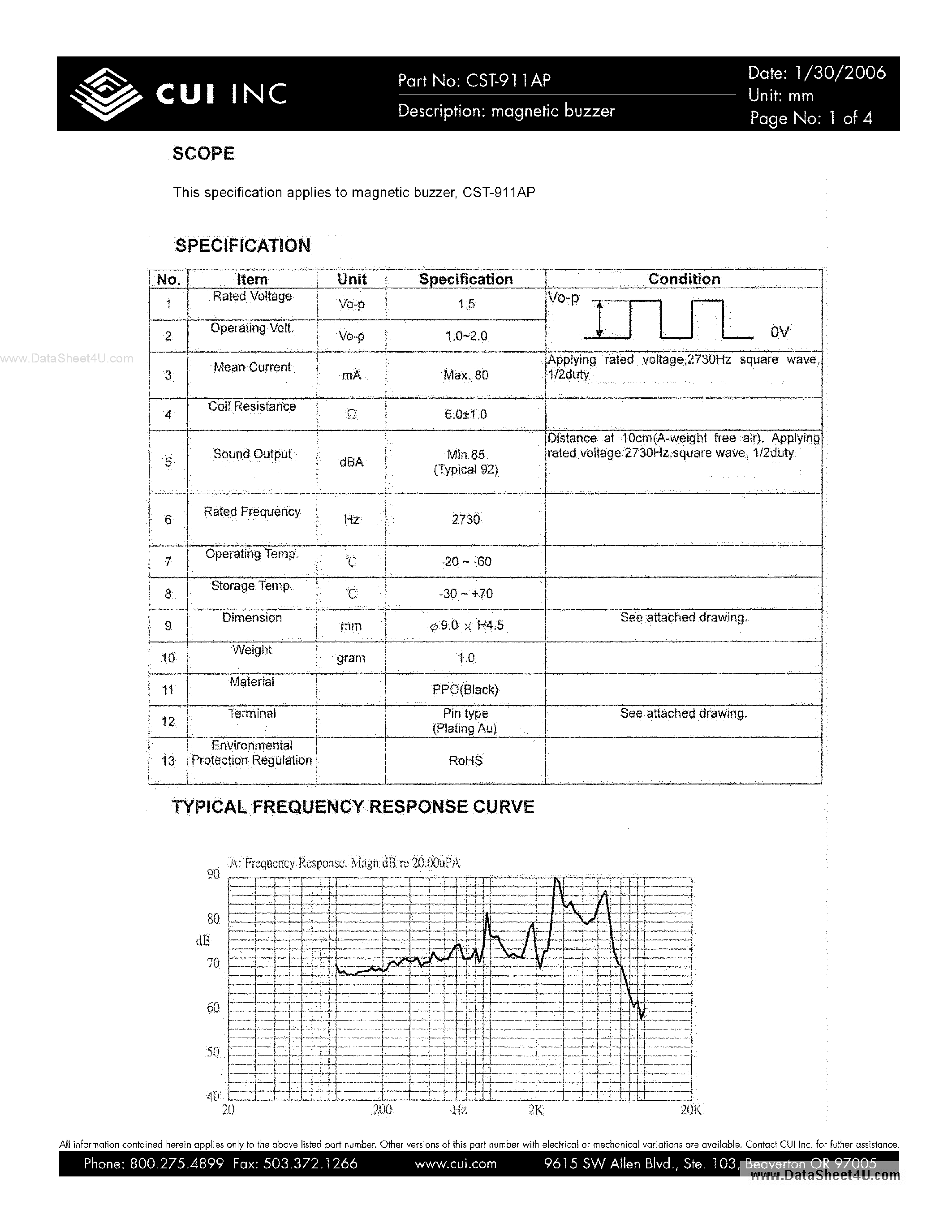 Datasheet CST-911AP - magnetic buzzer page 1