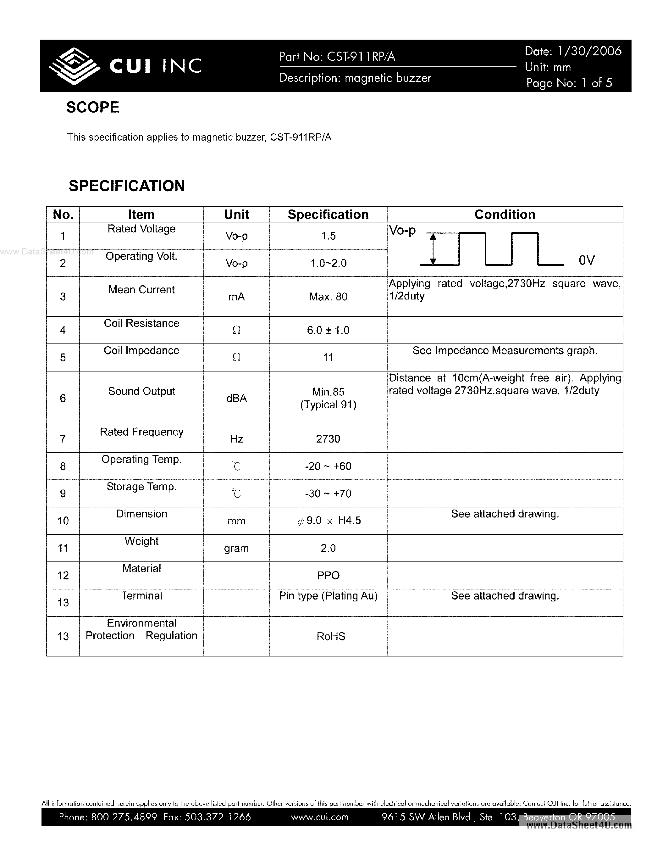Datasheet CST-911RP - magnetic buzzer page 1