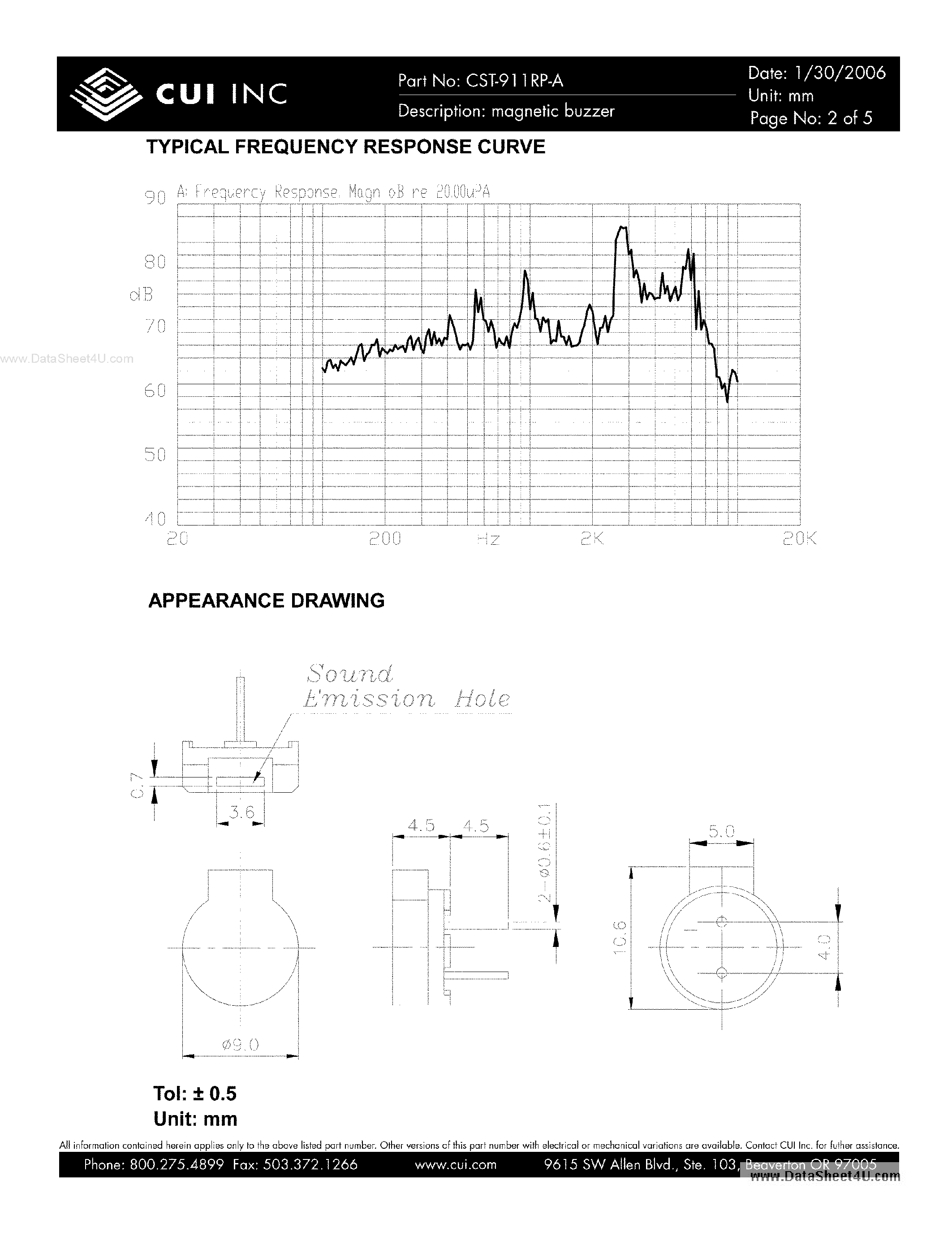 Datasheet CST-911RP page 2 Datasheet CST-911RP - magnetic buzzer page 2