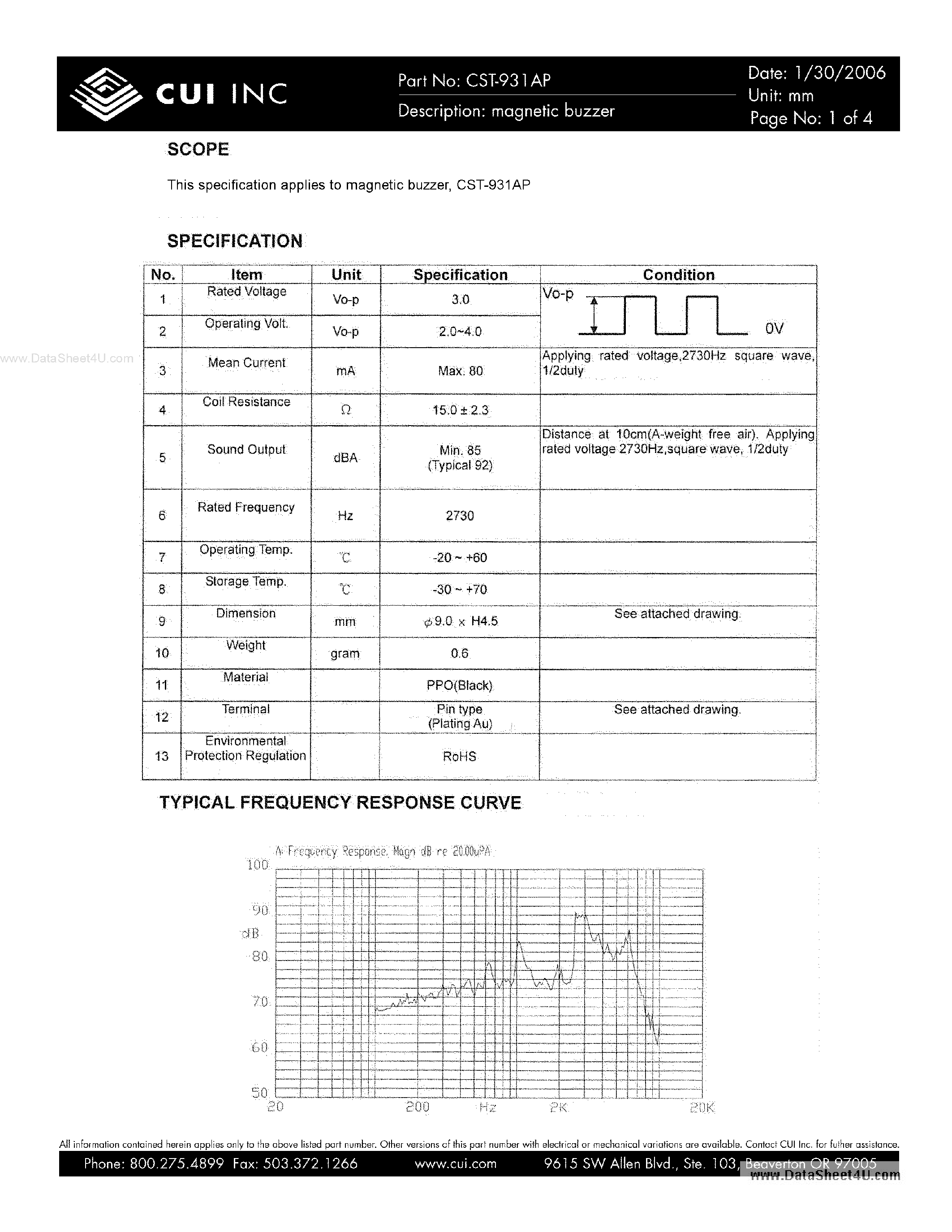 Datasheet CST-931AP - magnetic buzzer page 1