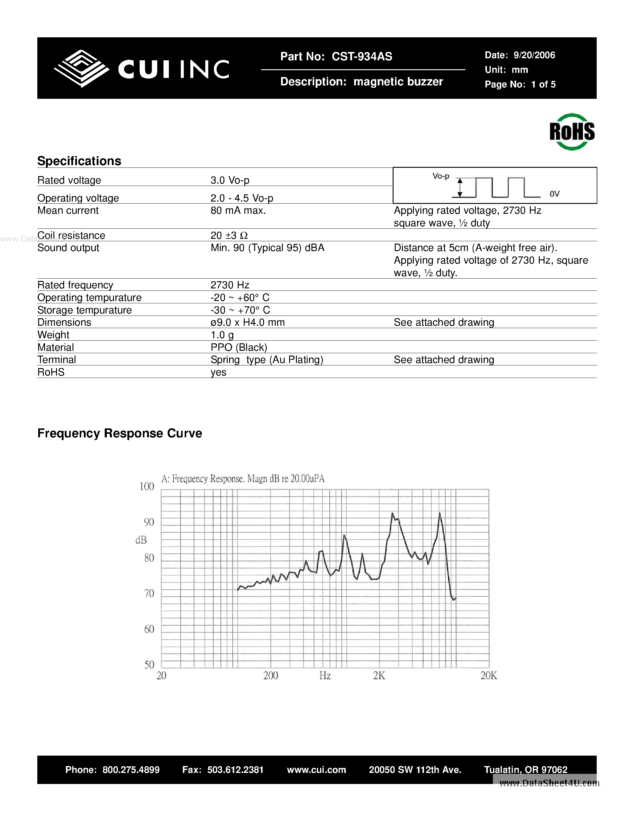 Datasheet CST-934AS page 1 Datasheet CST-934AS - magnetic buzzer page 1