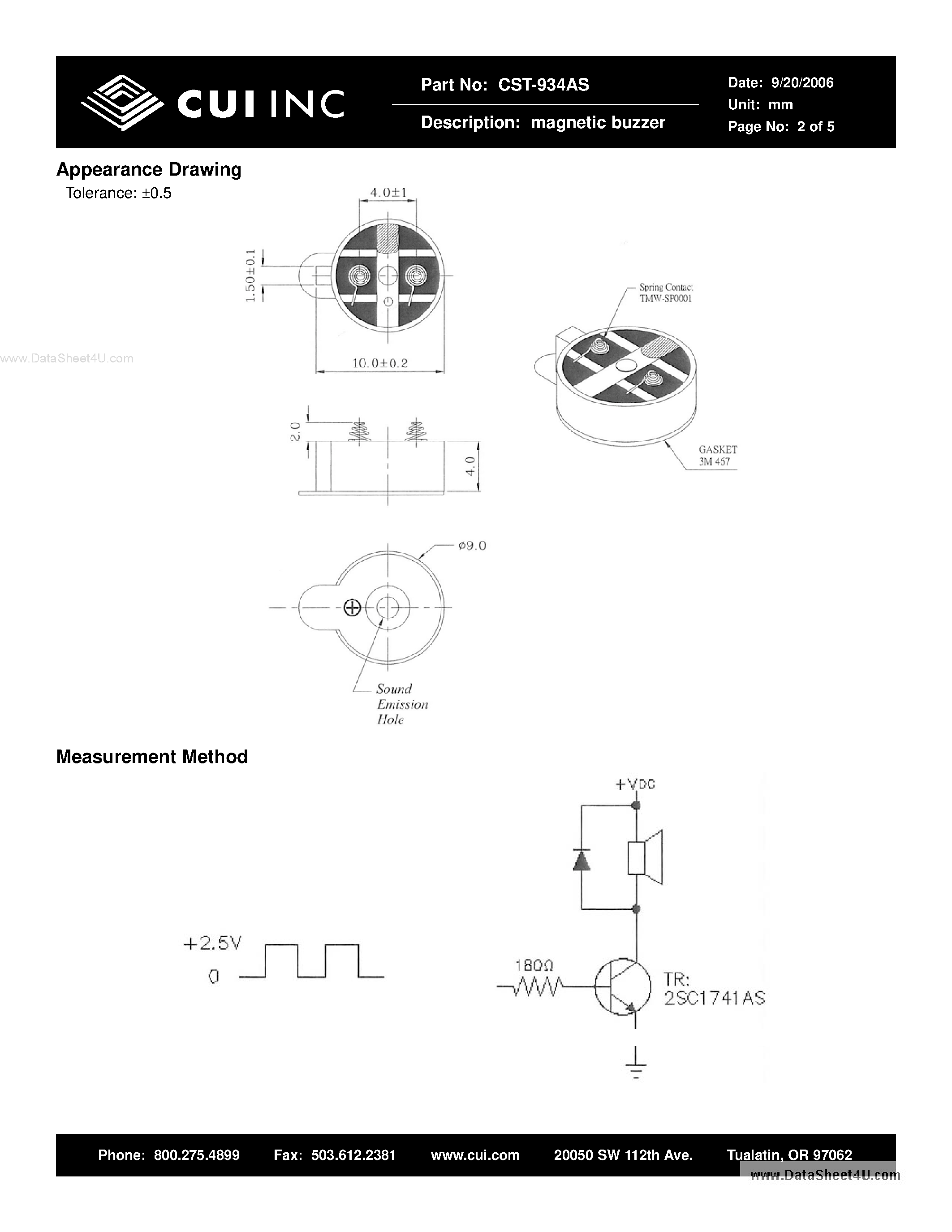 Datasheet CST-934AS page 2 Datasheet CST-934AS - magnetic buzzer page 2