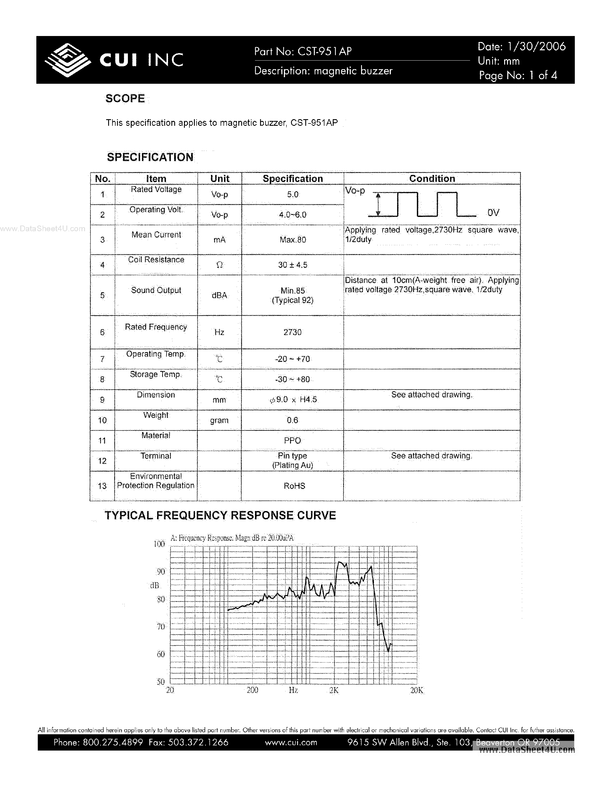 Datasheet CST-951AP page 1 Datasheet CST-951AP - magnetic buzzer page 1
