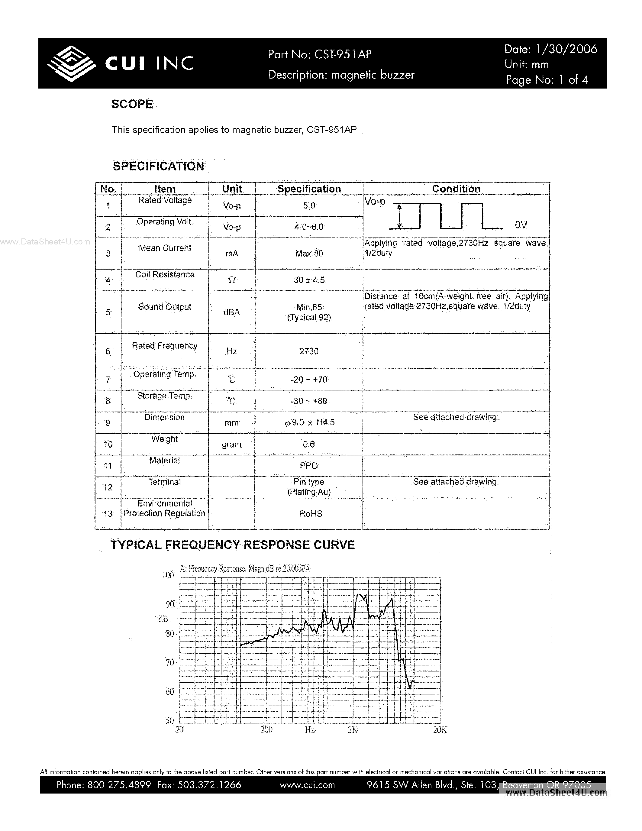 Datasheet CST-951AP - magnetic buzzer page 1