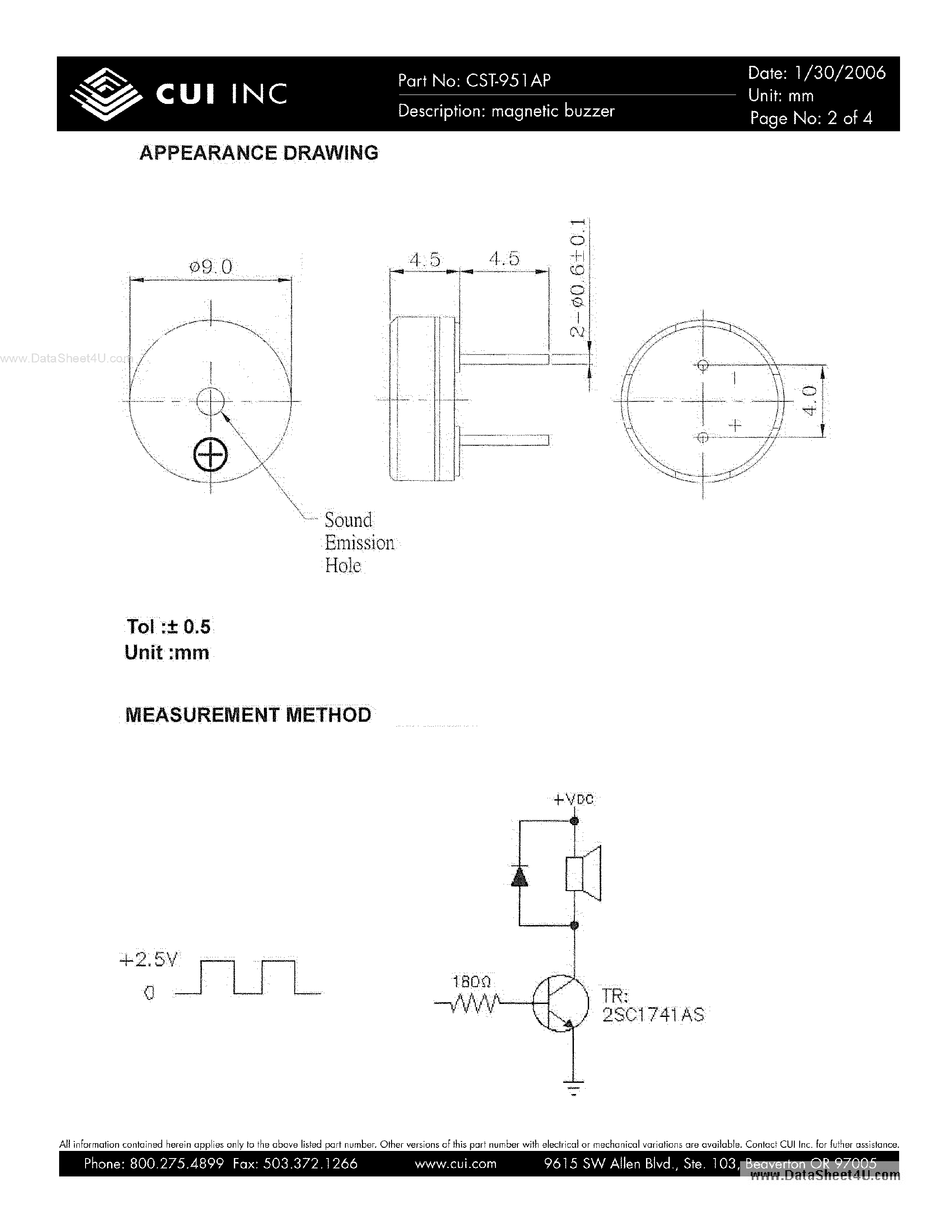 Datasheet CST-951AP page 2 Datasheet CST-951AP - magnetic buzzer page 2