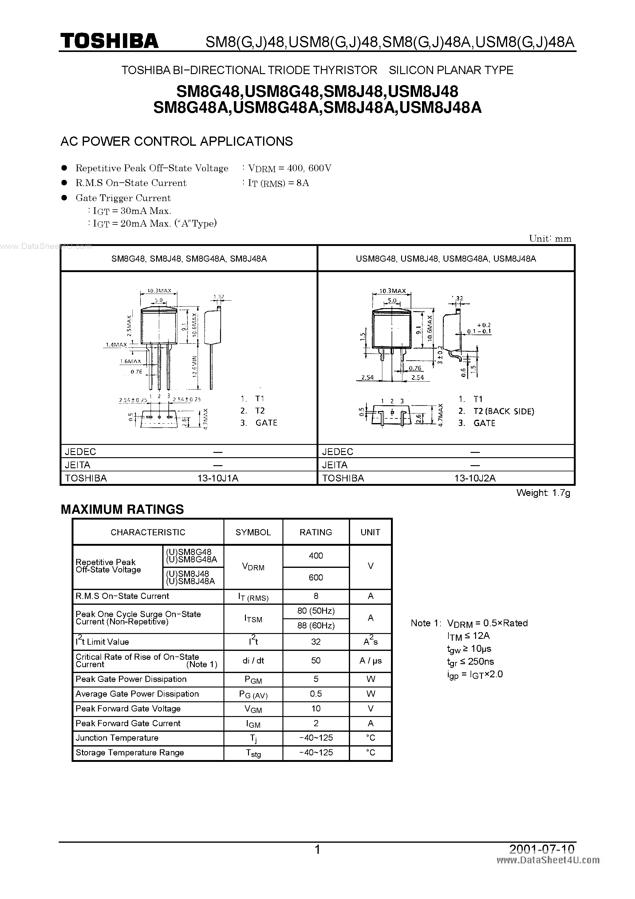 Datasheet SM8G48 page 1 Datasheet SM8G48 - AC POWER CONTROL APPLICATIONS page 1