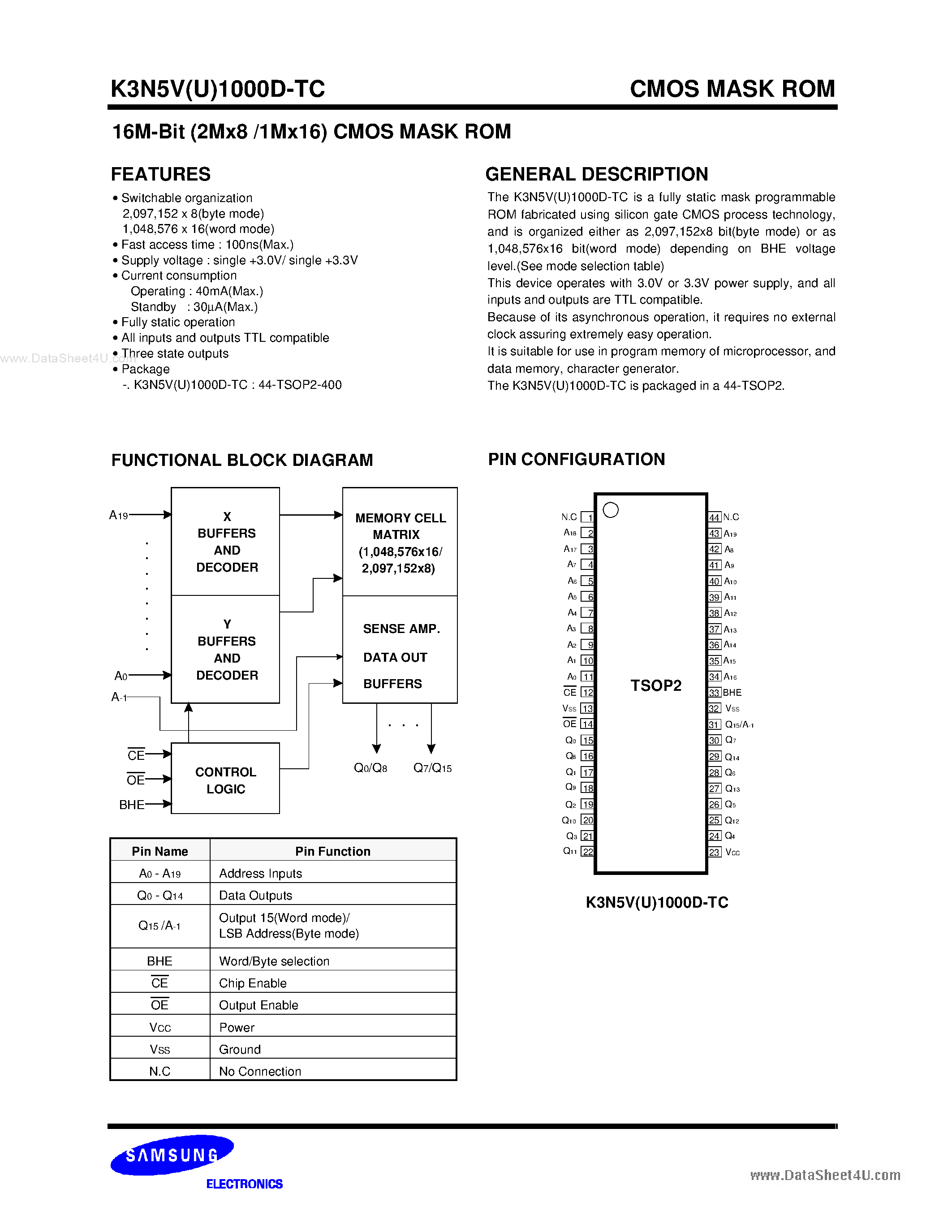 Datasheet K3N5V1000D-TC - 16M-Bit (2M X 8 / 1M X 16) CMOS Mask ROM page 1