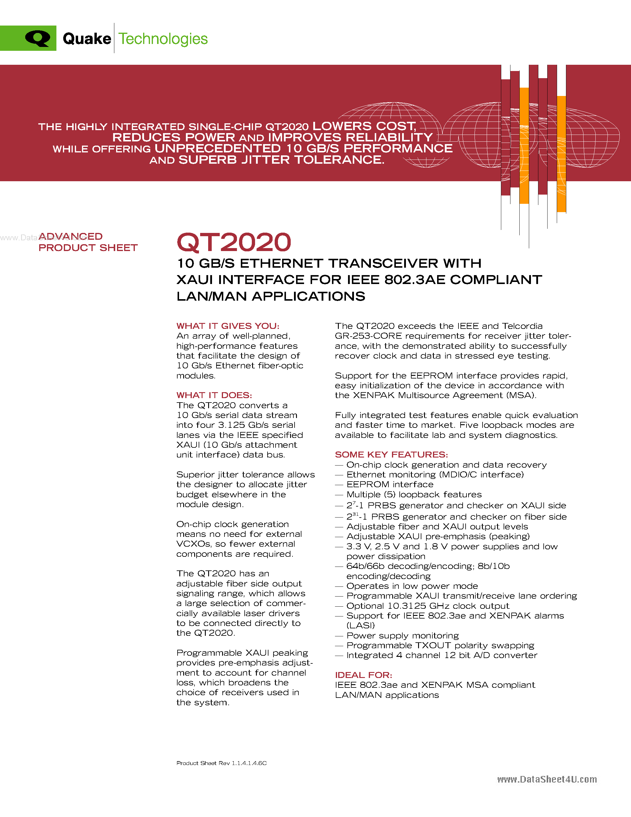 Datasheet QT2020 page 1 Datasheet QT2020 - 10 Gb/s Ethernet PHY Transceiver Chip page 1