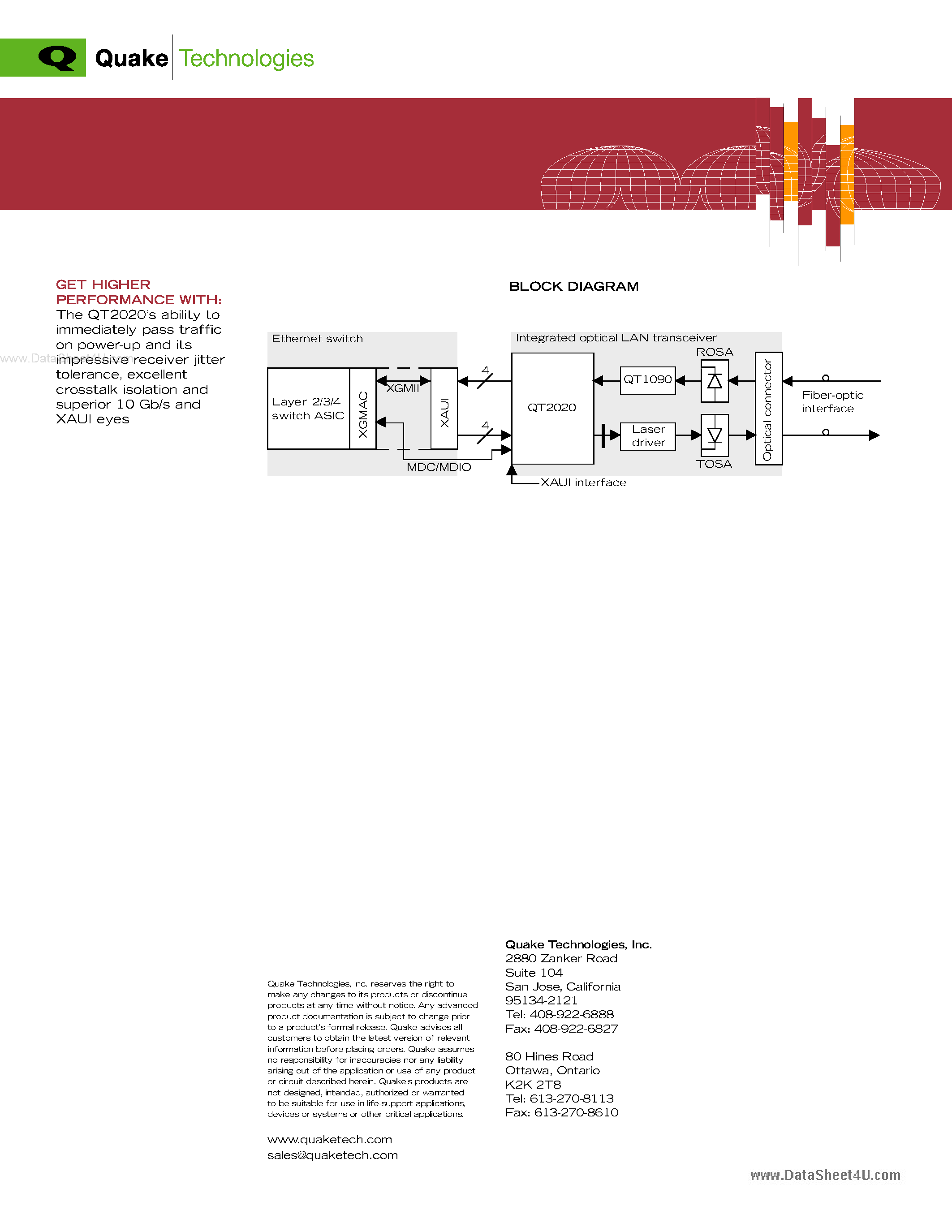 Datasheet QT2020 page 2 Datasheet QT2020 - 10 Gb/s Ethernet PHY Transceiver Chip page 2