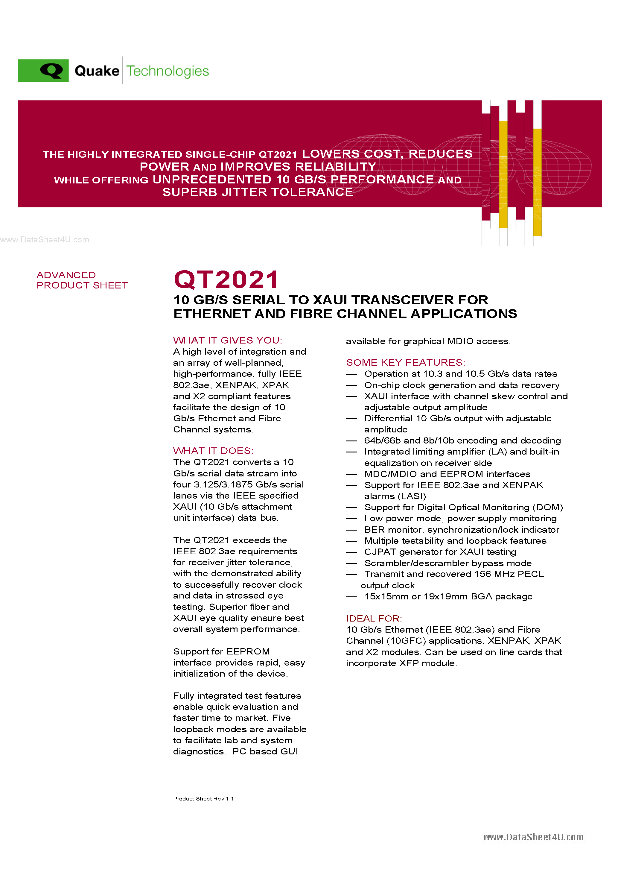 Datasheet QT2021 - 10 Gb/s Ethernet And Fibre Channel PHY Transceiver Chip page 1