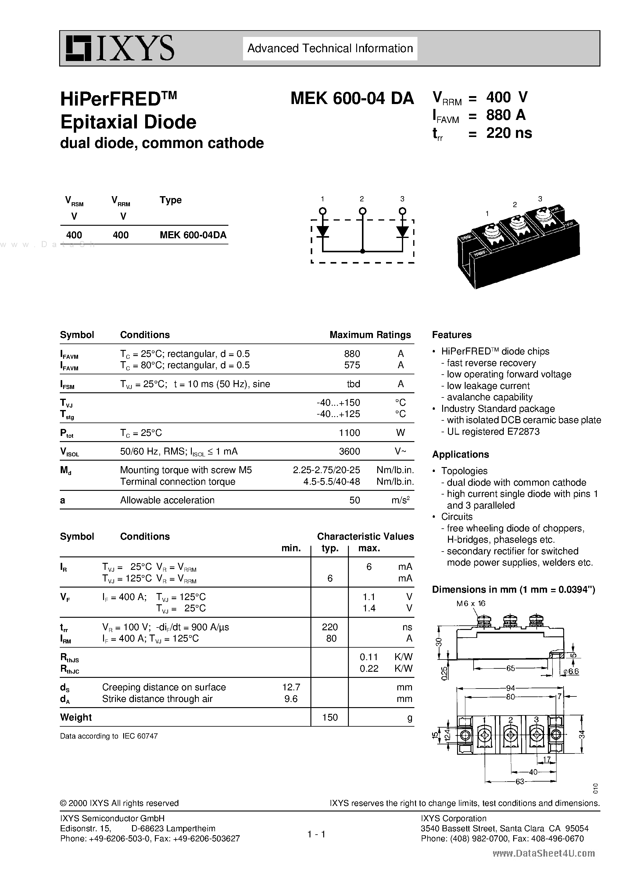 Datasheet MEK600-04DA - HiPerFRED Epitaxial Diode dual diode page 1