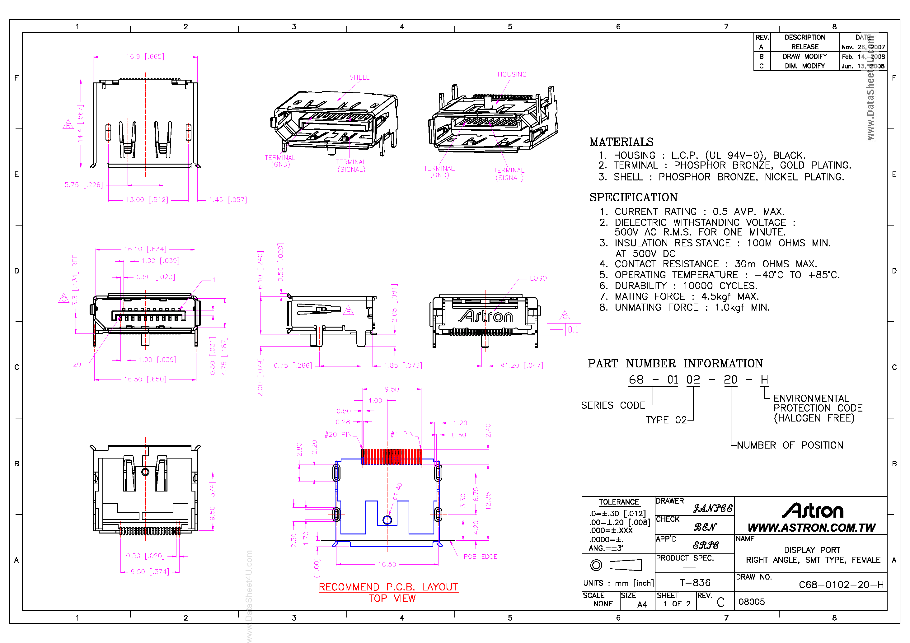 Даташит на микросхему 68-0102-20-H страница 1 Даташит 68-0102-20-H - DisplayPort Connector страница 1