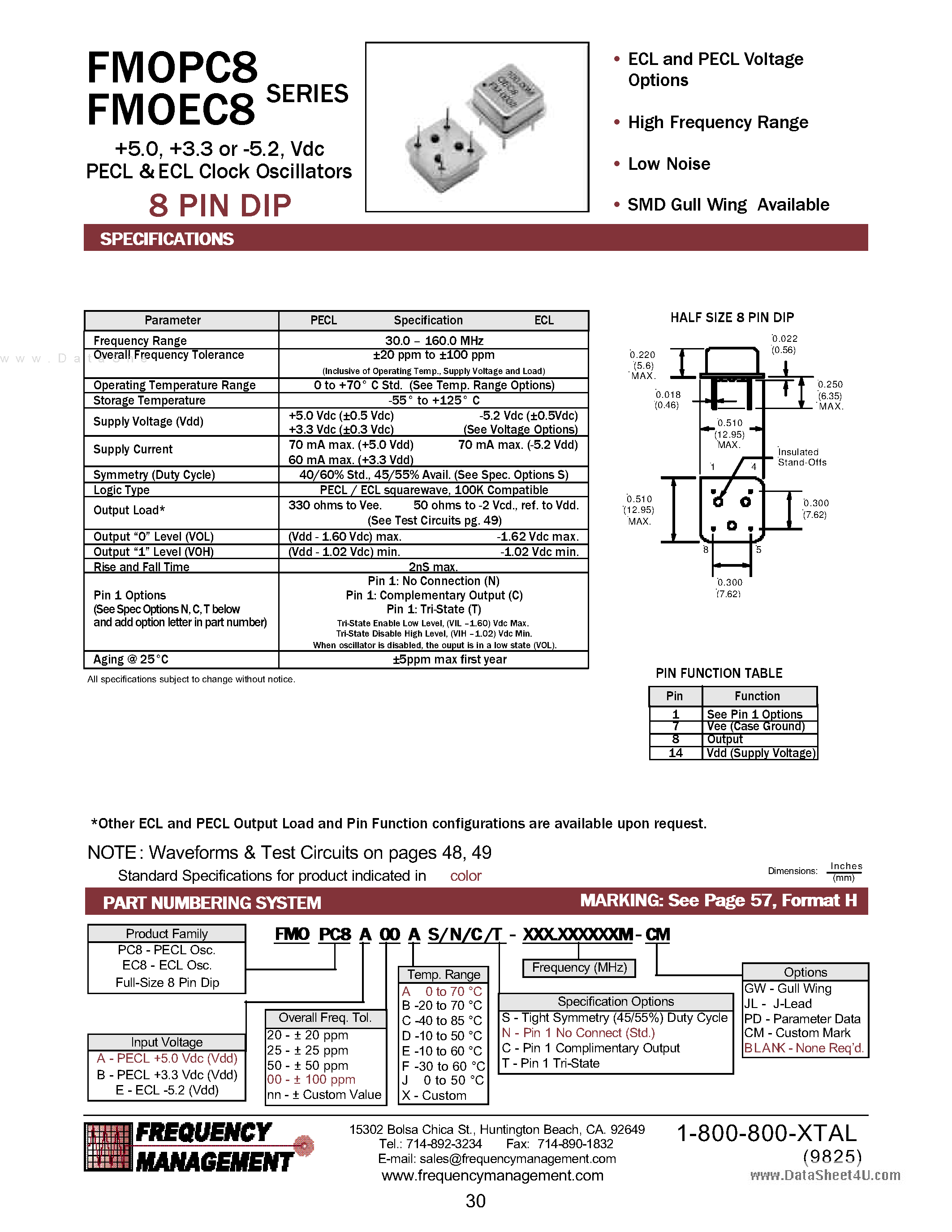 Datasheet FMOEC8 page 1 Datasheet FMOEC8 - Thru-hole Ecl & Pecl Clocks 5.0 VDC 5.0 VDC page 1