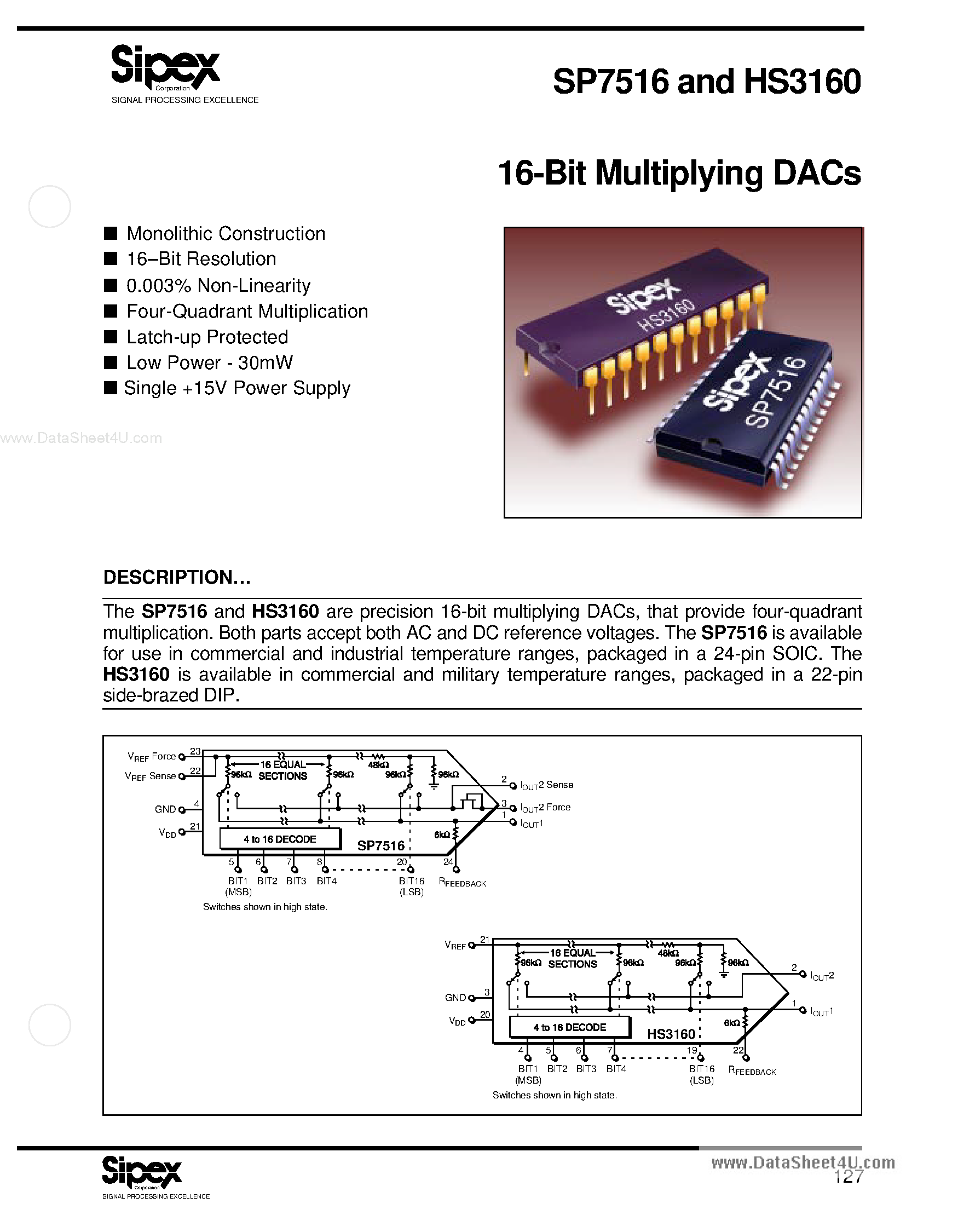 Datasheet HS3160 - 16-Bit Multiplying DACs page 1