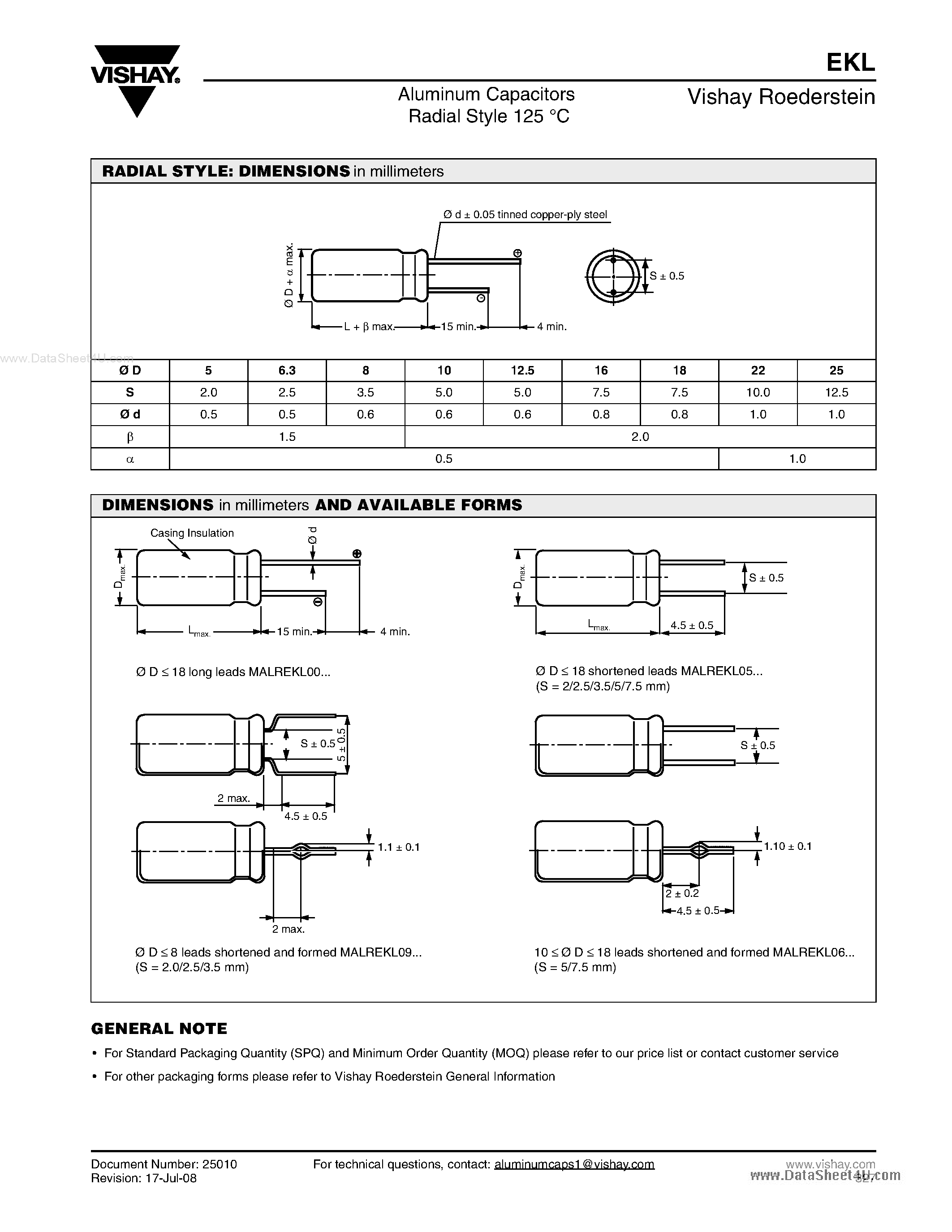 Datasheet EKL page 2 Datasheet EKL - Aluminum Capacitors page 2