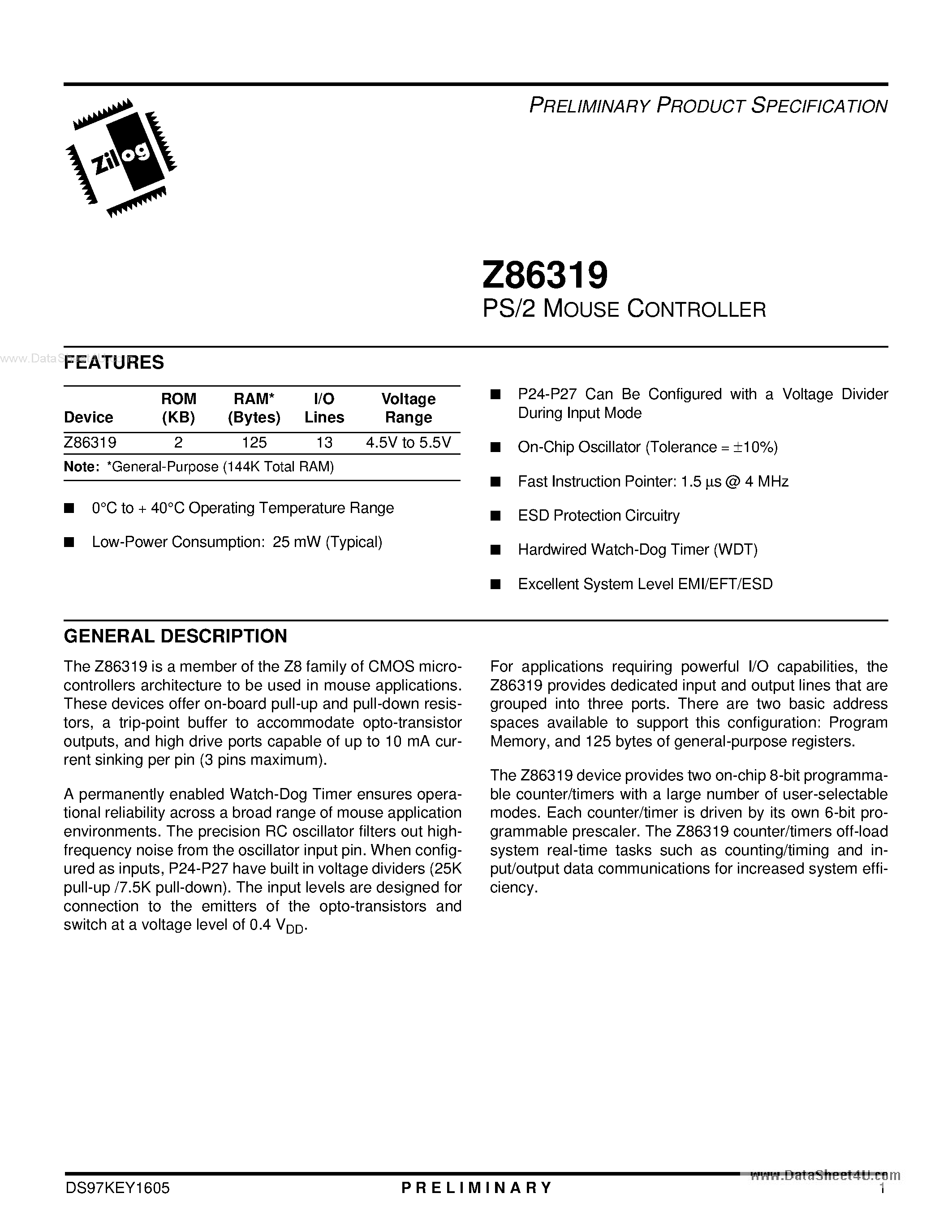 Datasheet Z86319 - PS/2 MOUSE CONTROLLER page 1