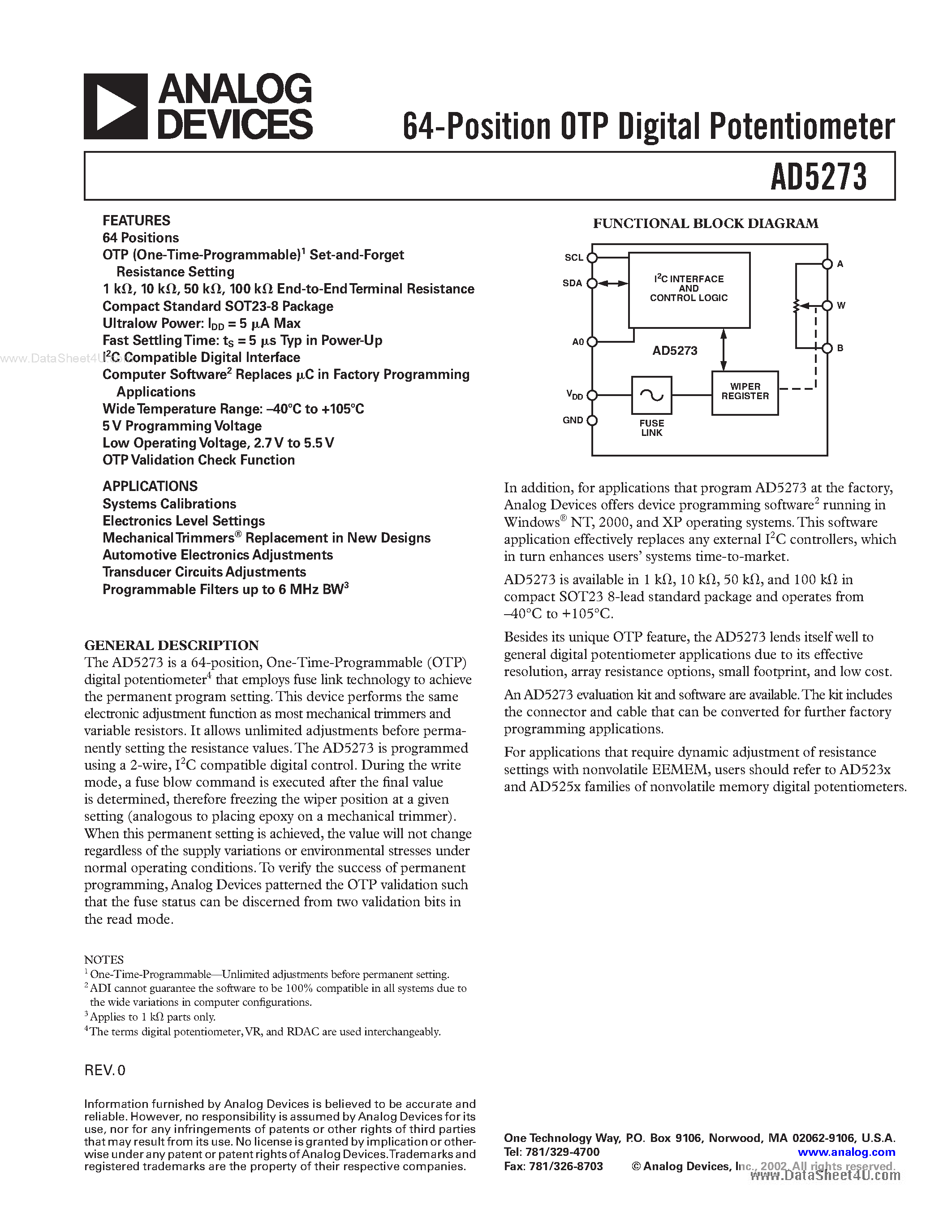 Datasheet AD5273 - 64-Position OTP Digital Potentiometer page 1