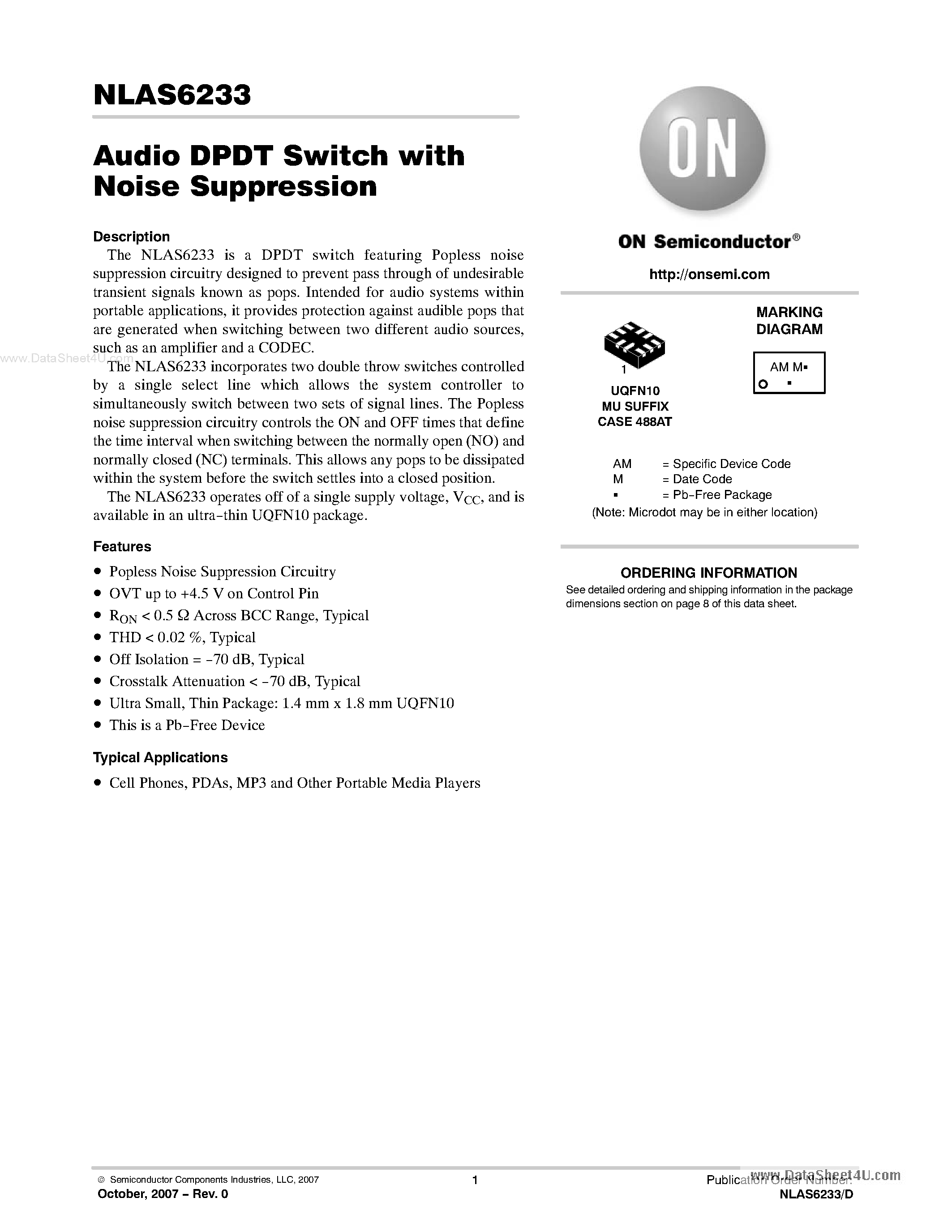 Datasheet NLAS6233 - Dual SPDT 0.5 Ohm Popless Analog Switch page 1