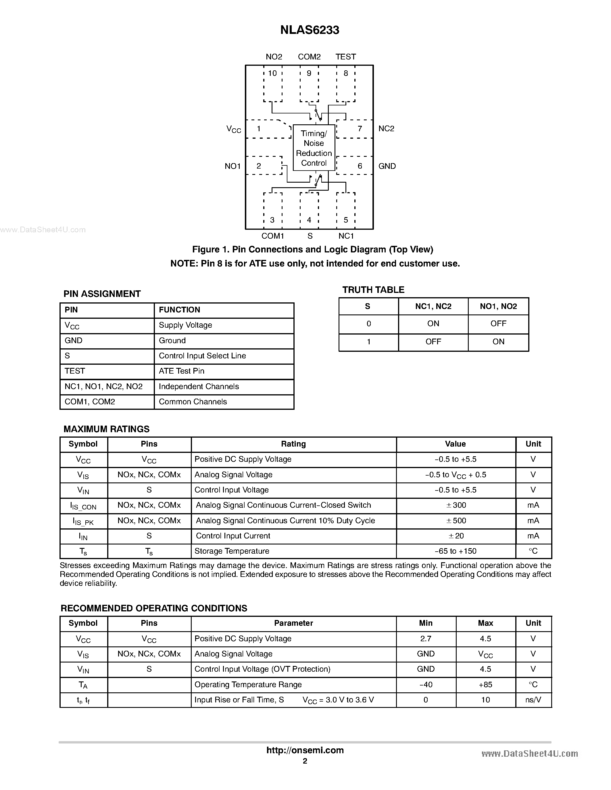Datasheet NLAS6233 - Dual SPDT 0.5 Ohm Popless Analog Switch page 2