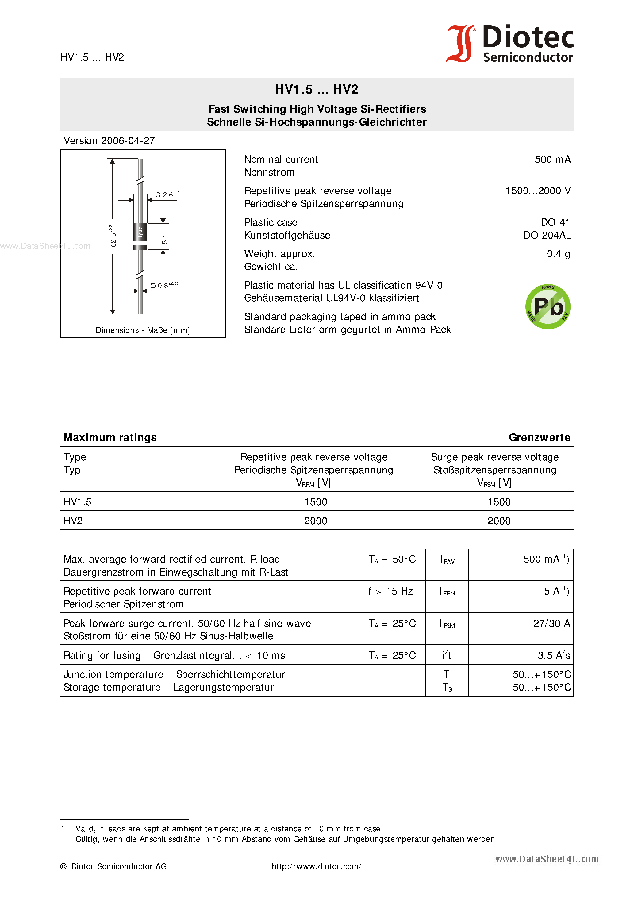 Datasheet HV2 - Fast Switching High Voltage Si-Rectifiers page 1
