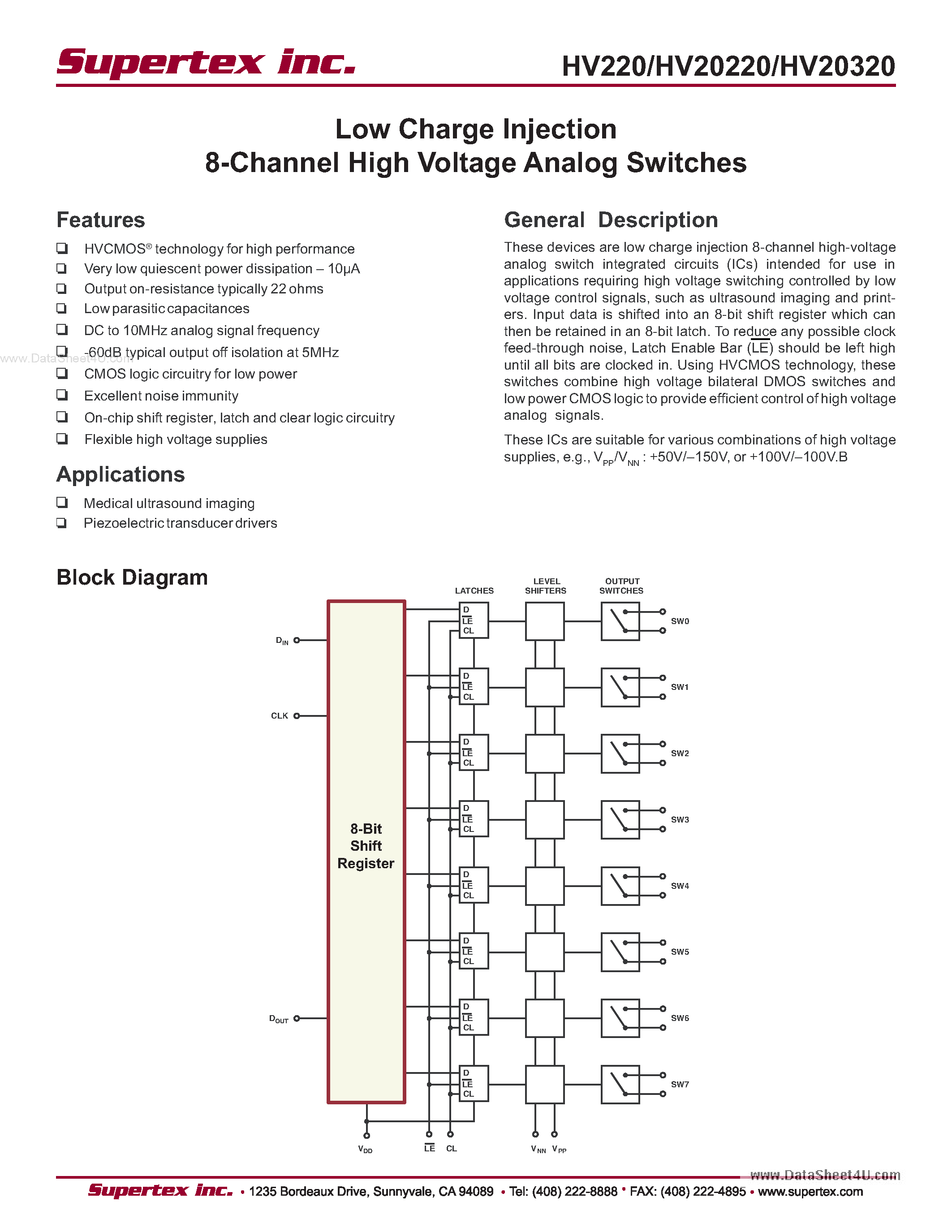 Даташит HV20220 - (HV2xx) Low Charge Injection 8-Channel High Voltage Analog Switches страница 1