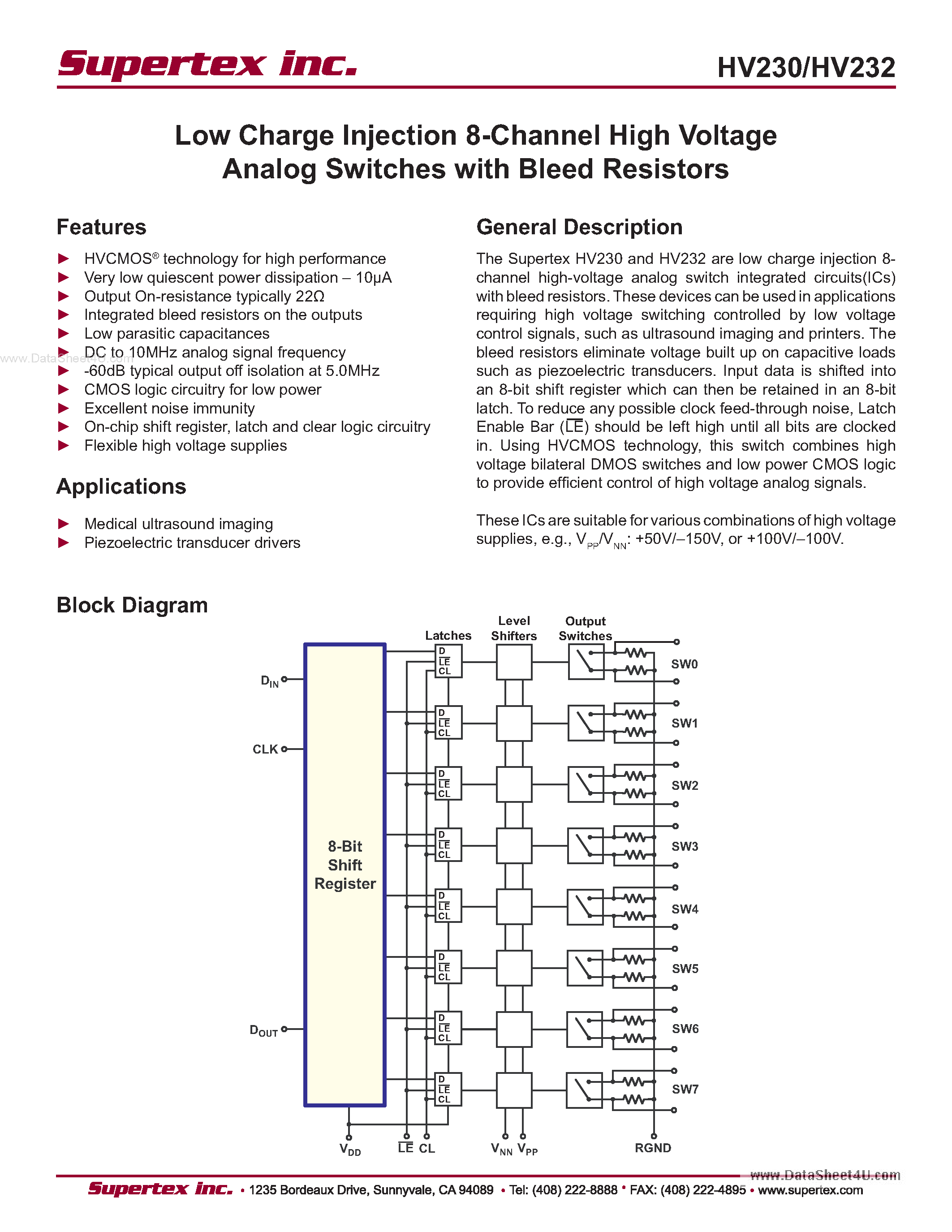 Даташит HV230 - (HV230 / HV232) Low Charge Injection 8-Channel High Voltage Analog Switches страница 1