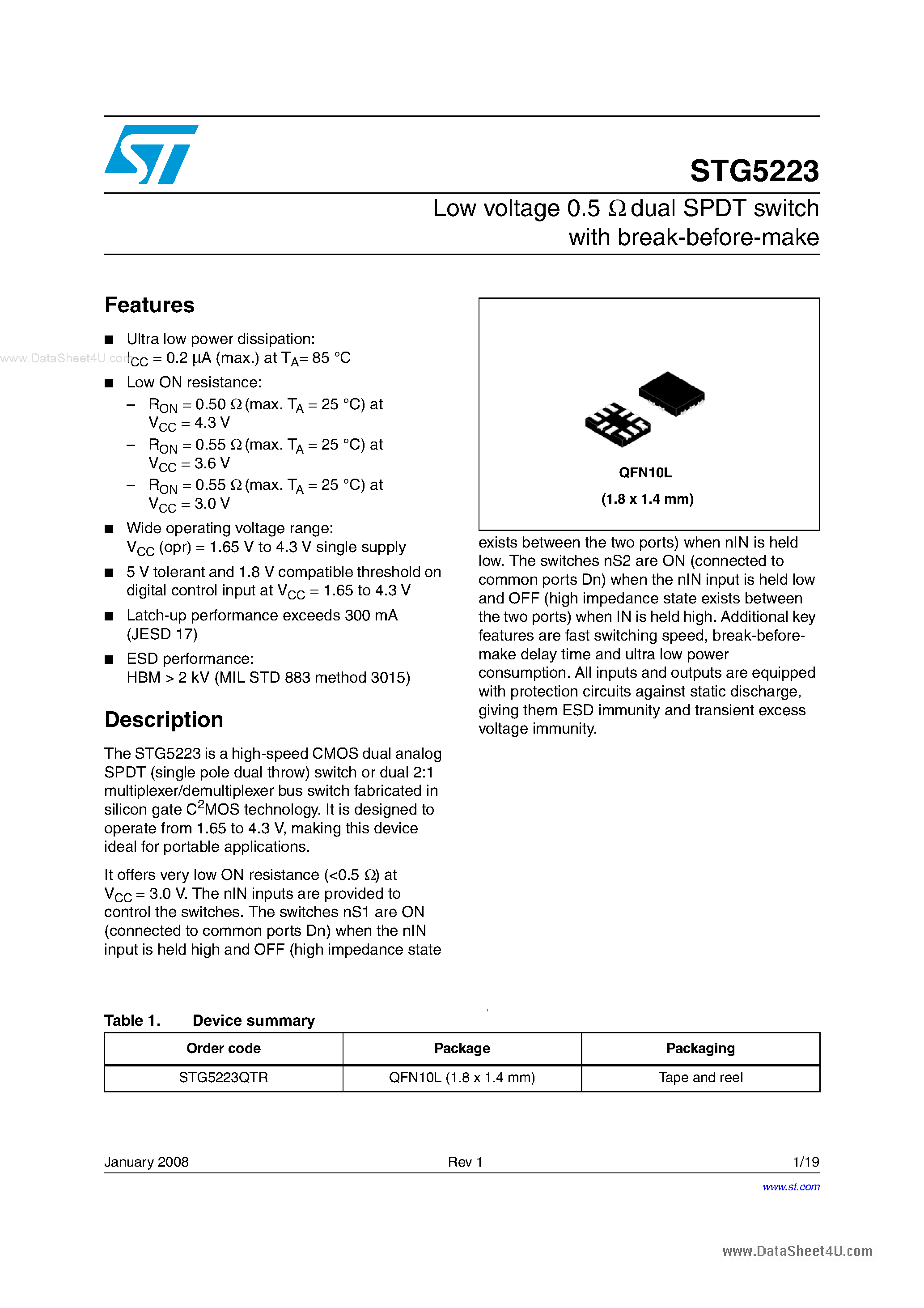 Datasheet STG5223 - dual SPDT switch page 1