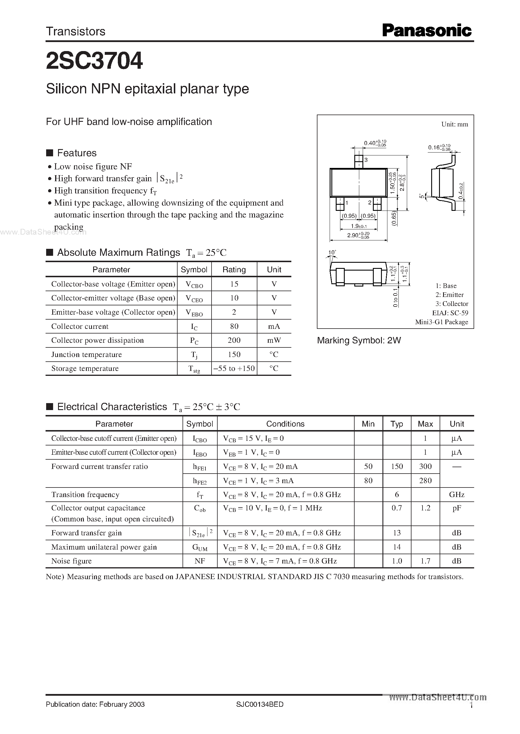 Datasheet C3704 page 1 Datasheet C3704 - Search -----> 2SC3704 page 1