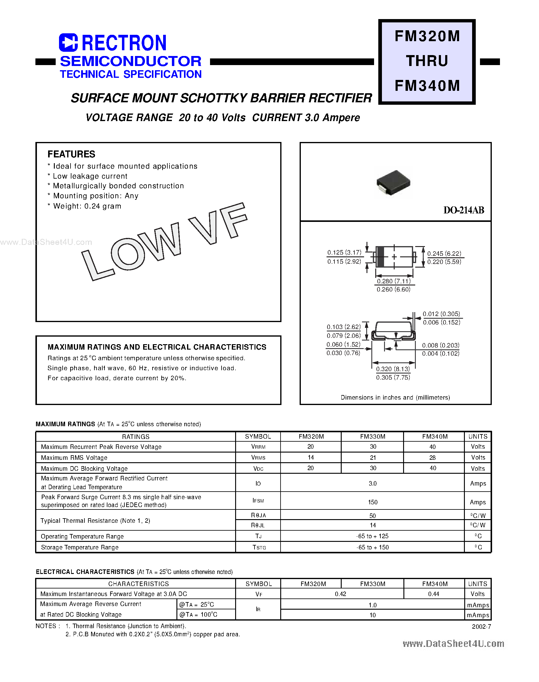 Datasheet FM320M page 1 Datasheet FM320M - (FM3xxM) SURFACE MOUNT SCHOTTKY BARRIER RECTIFIER page 1