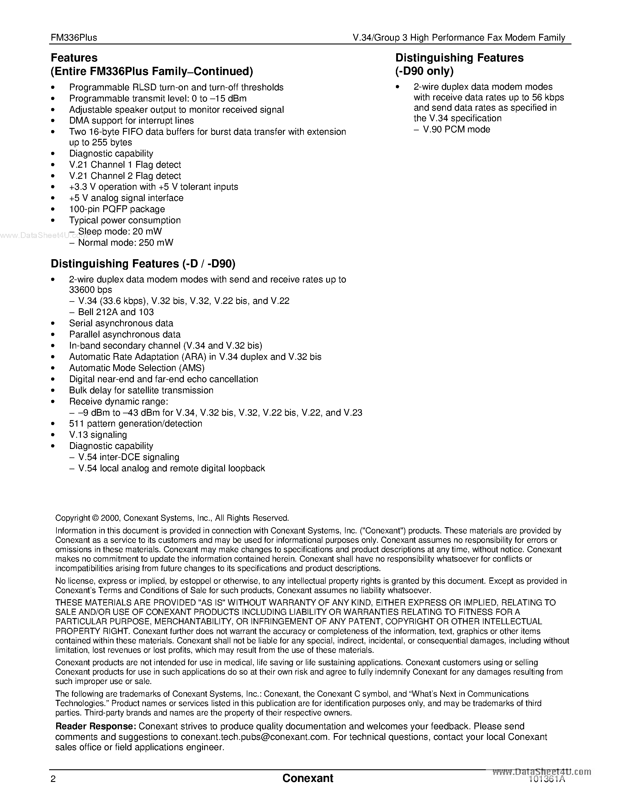 Datasheet FM336Plus - V.34/Group 3 High Performance Fax Modem Family page 2