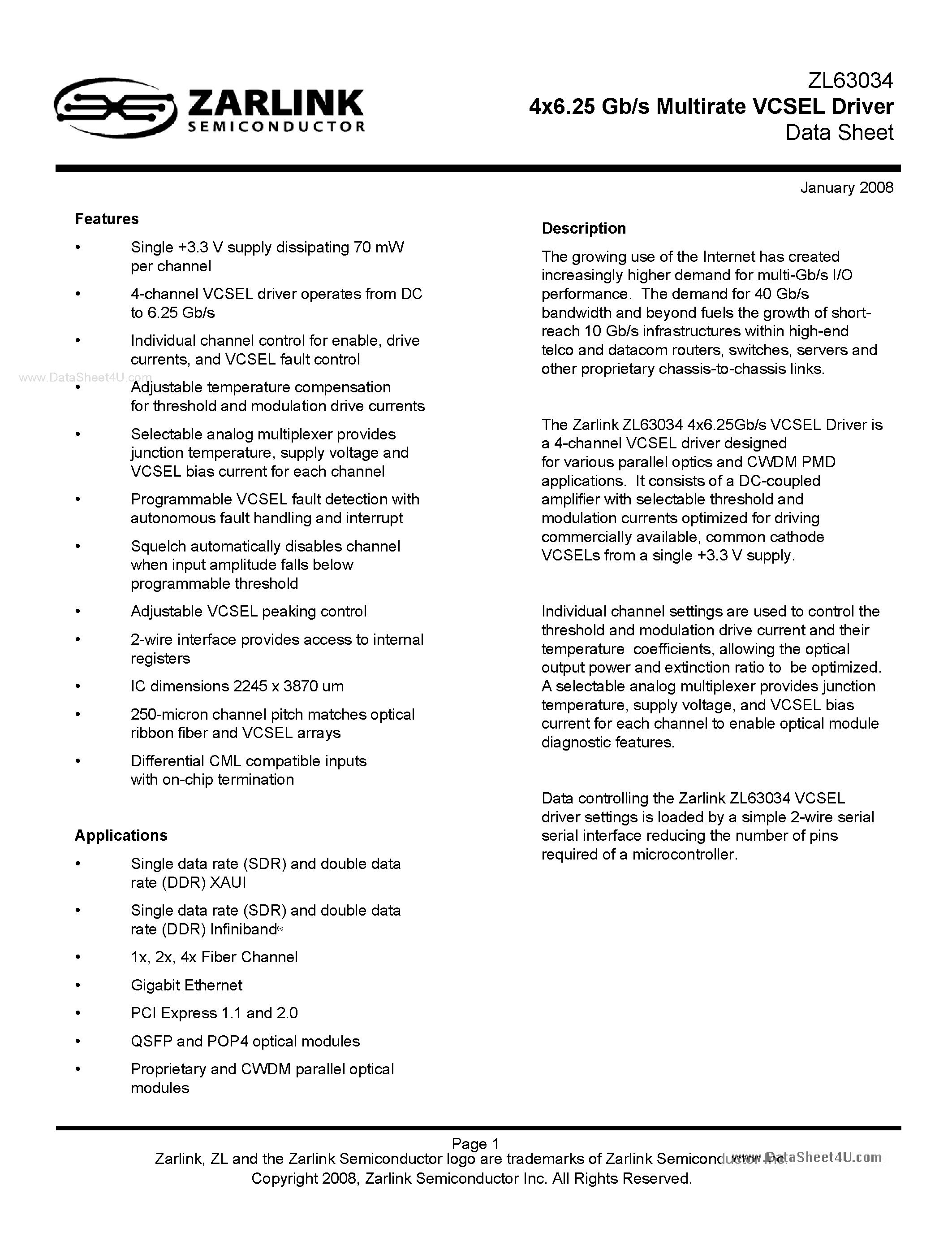 Даташит на микросхему ZL63034 страница 1 Даташит ZL63034 - 4x6.25 Gb/s Multirate VCSEL Driver страница 1