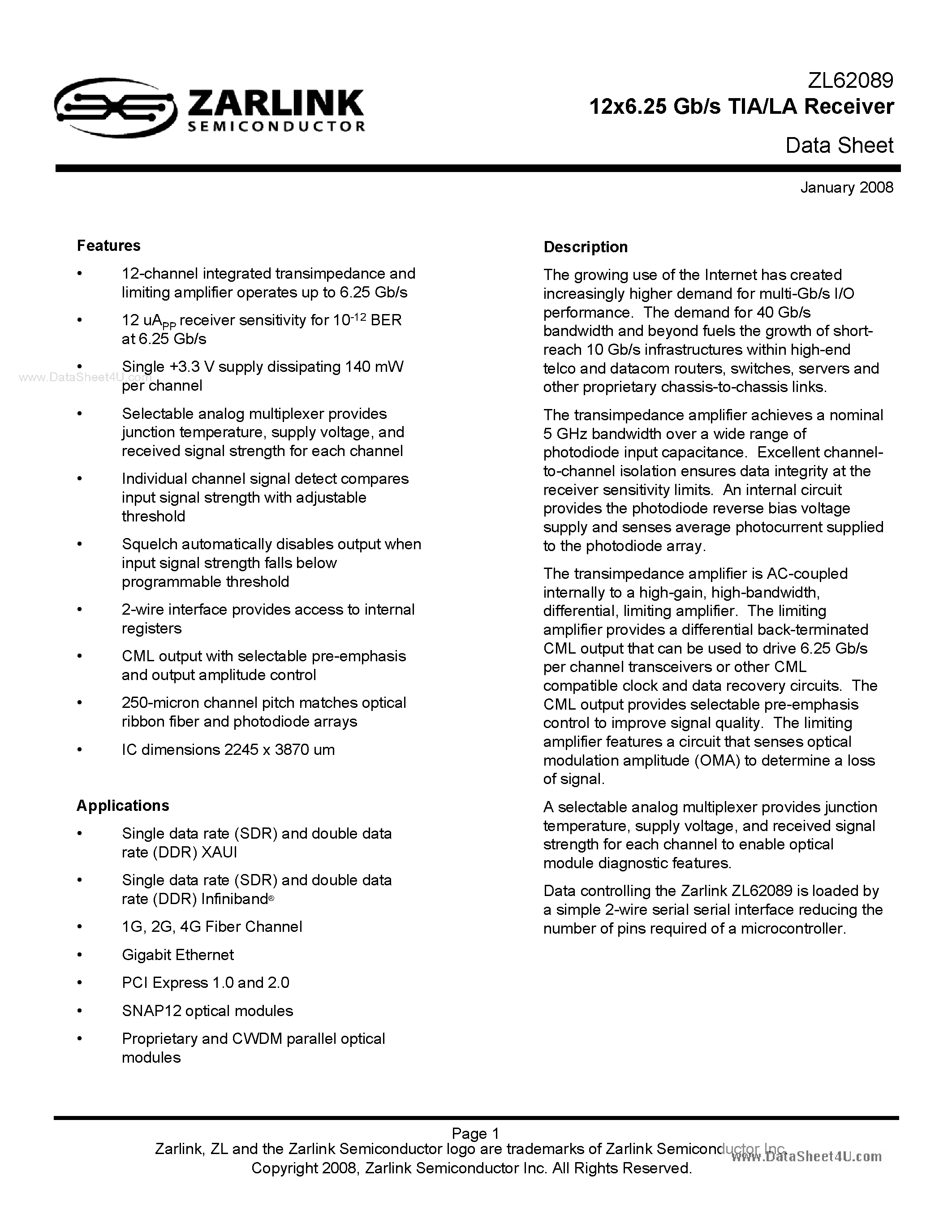 Даташит ZL62089 - 2x6.25 Gb/s TIA/LA Receiver страница 1