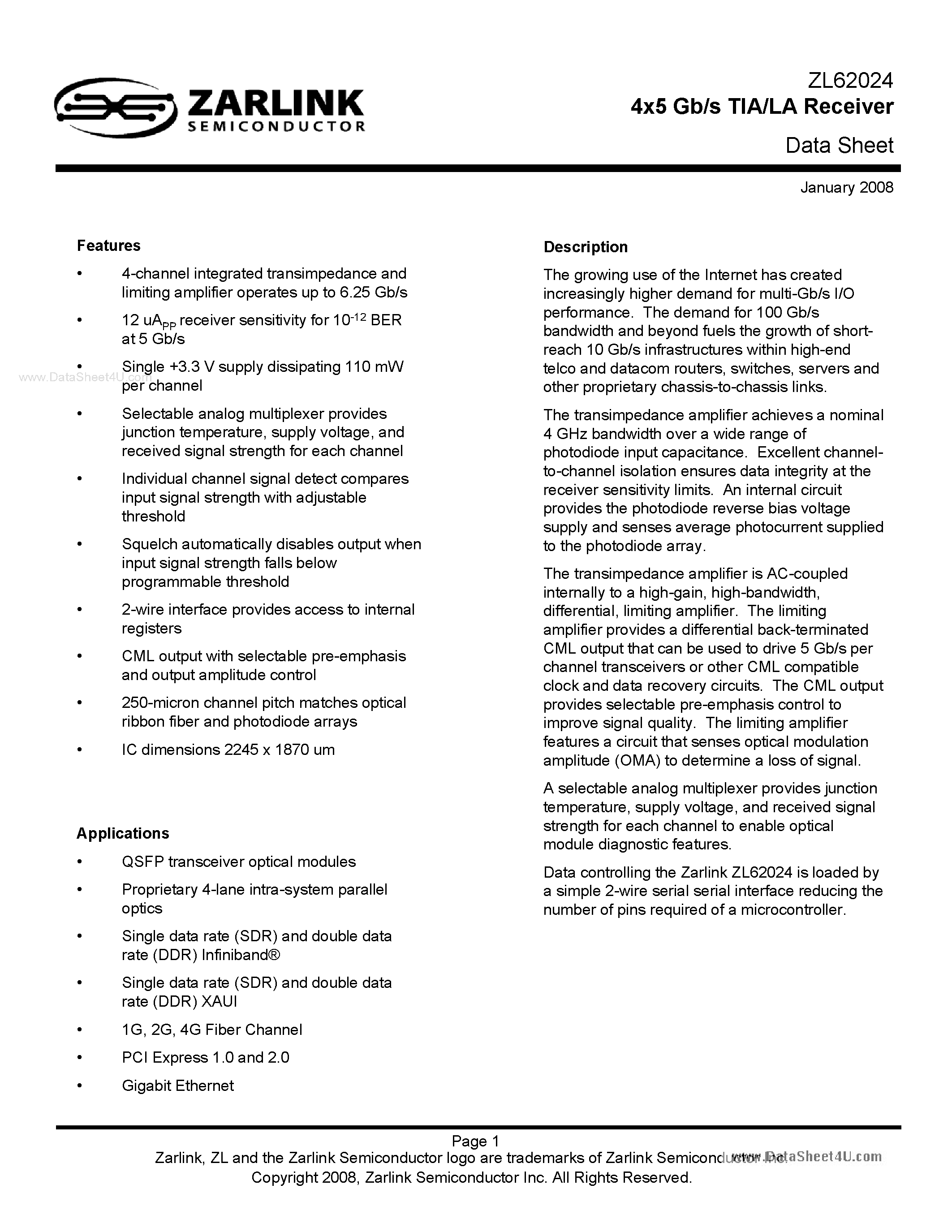 Datasheet ZL62024 - 4x5 Gb/s TIA/LA Receiver page 1