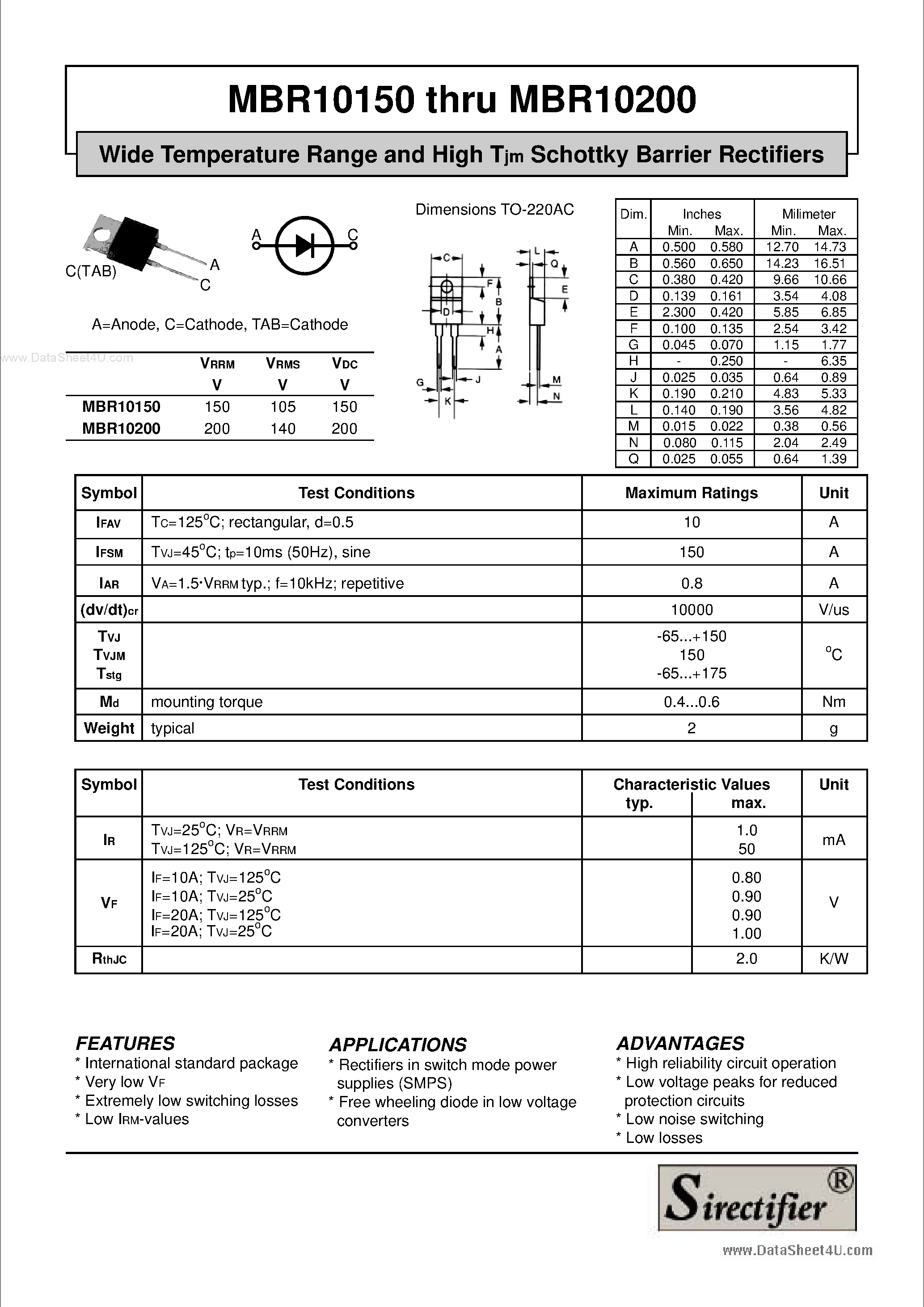 Datasheet MBR10150 page 1 Datasheet MBR10150 - (MBR10150 / MBR10200) Wide Temperature Range and High Tjm Schottky Barrier Rectifiers page 1